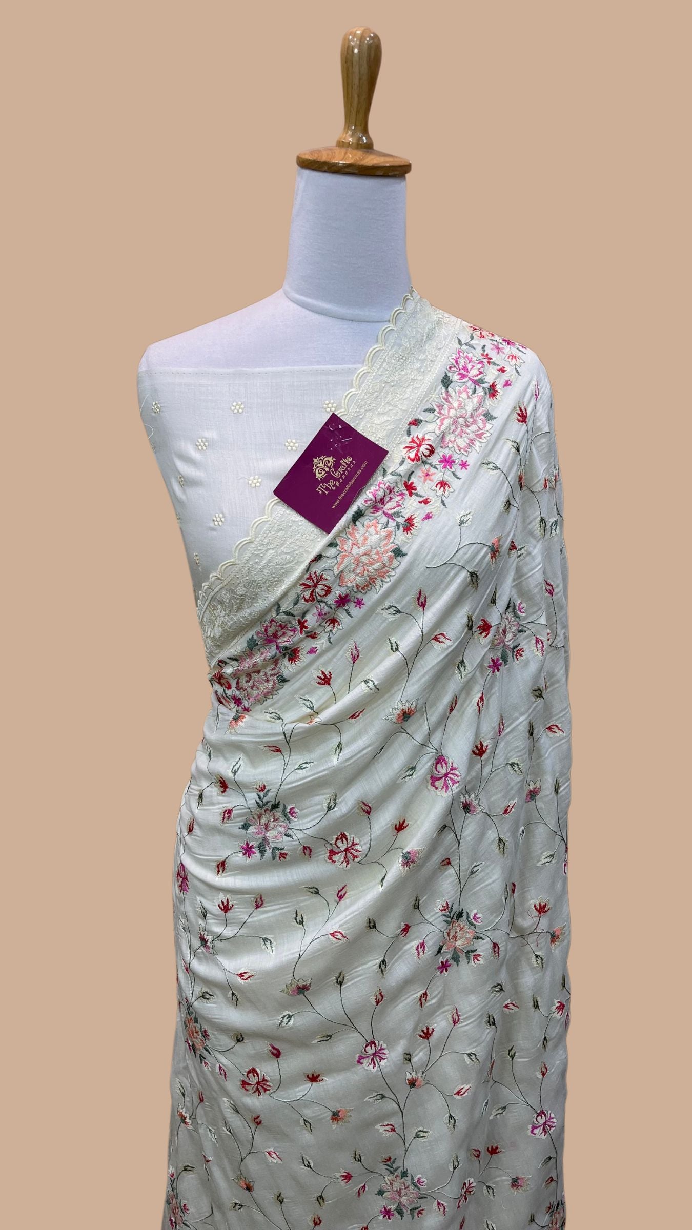 Pure Munga Silk Banarasi Saree - Chikankari all over