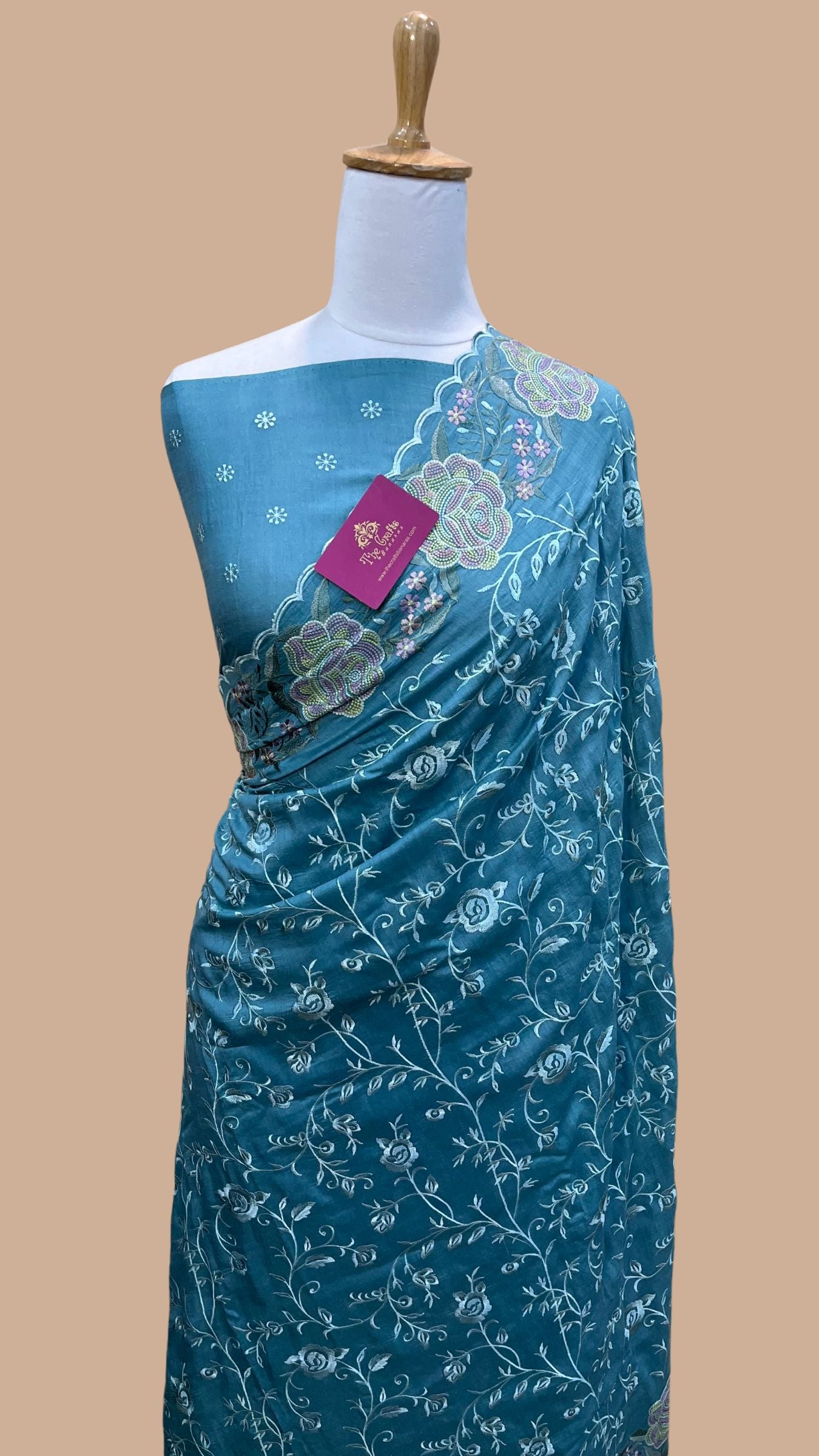 Pure Munga Silk Banarasi Saree - Chikankari all over