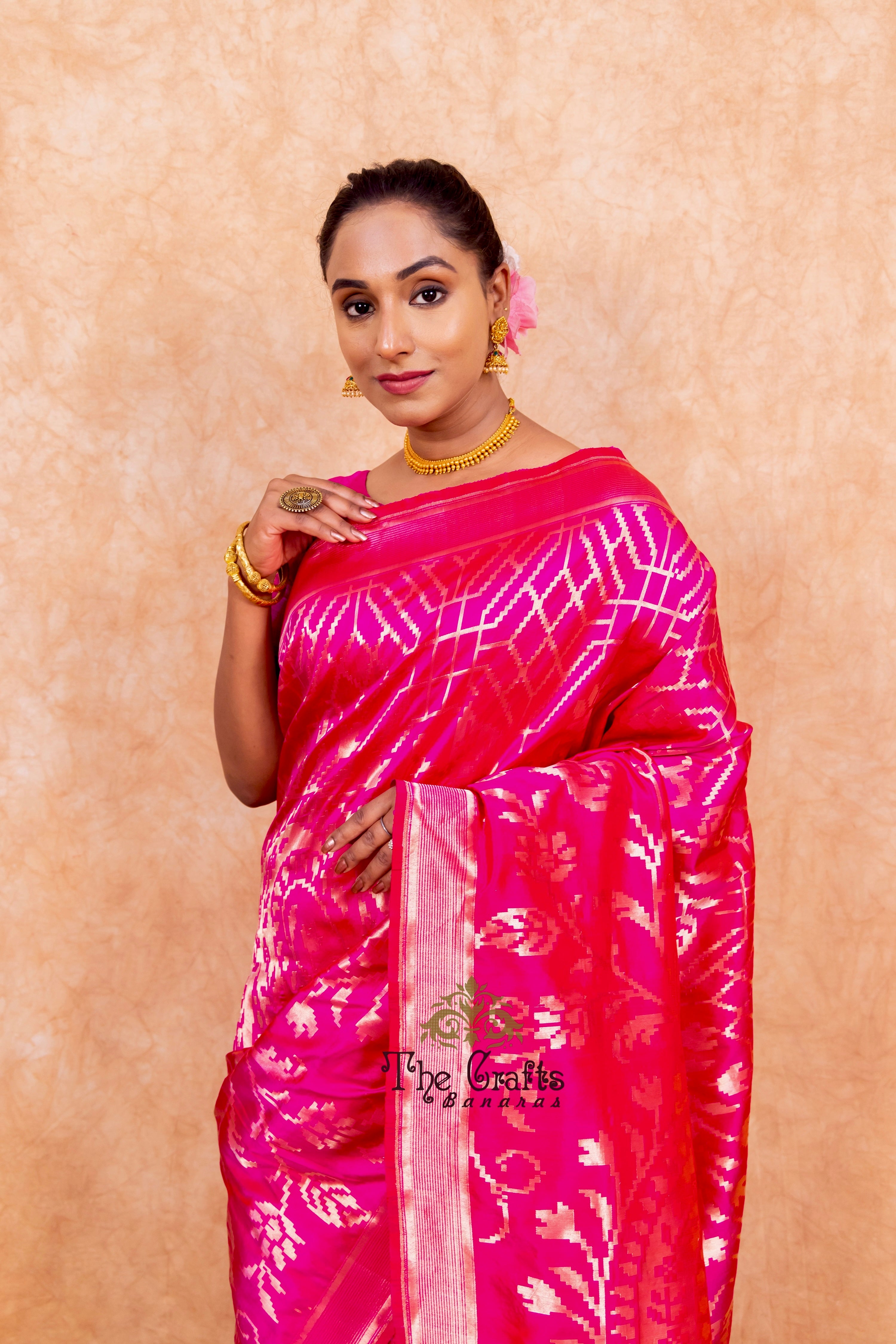 Hot Pink Pure Katan Silk Handloom Banarasi Saree - Jangla