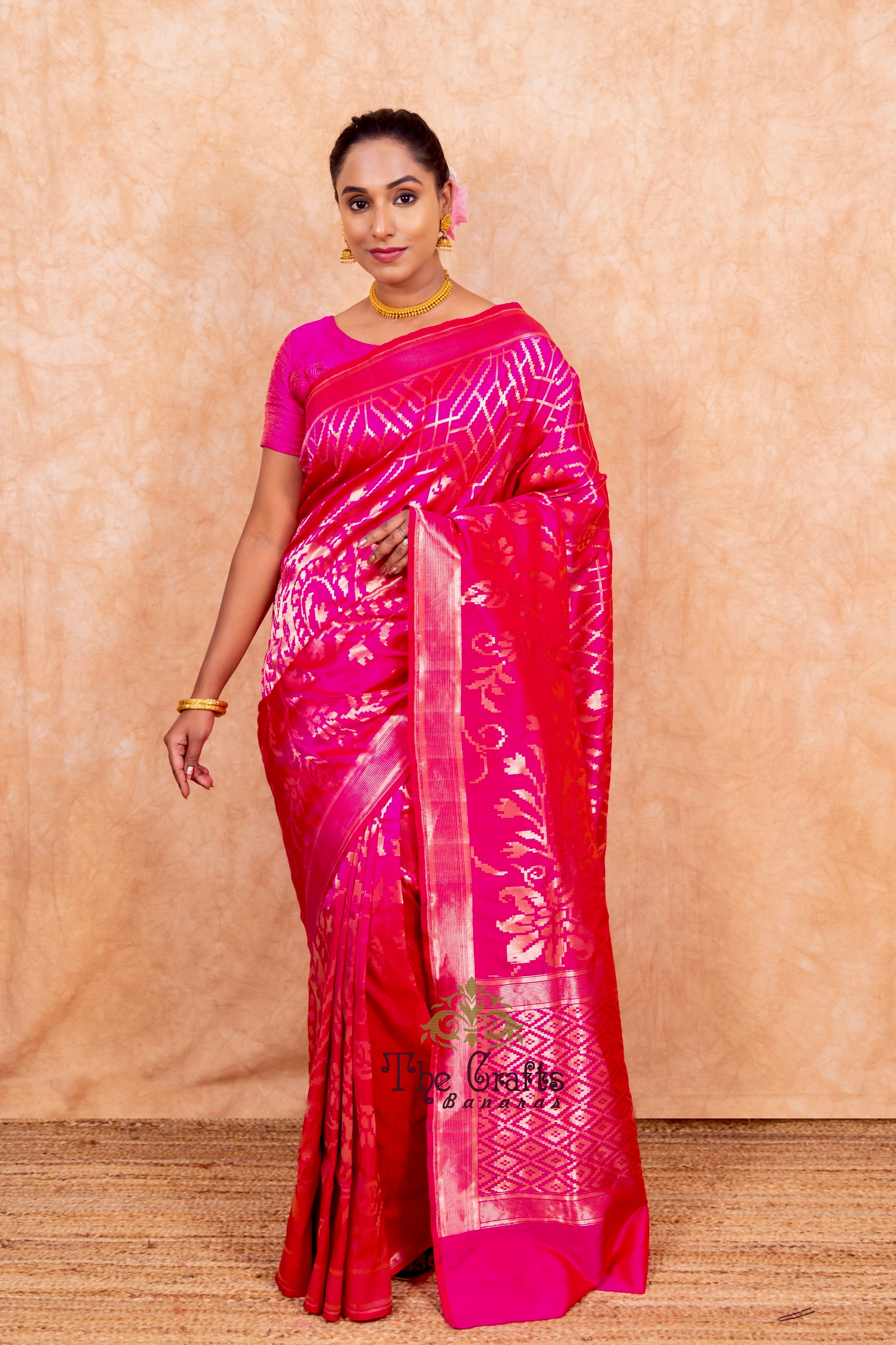 Hot Pink Pure Katan Silk Handloom Banarasi Saree - Jangla