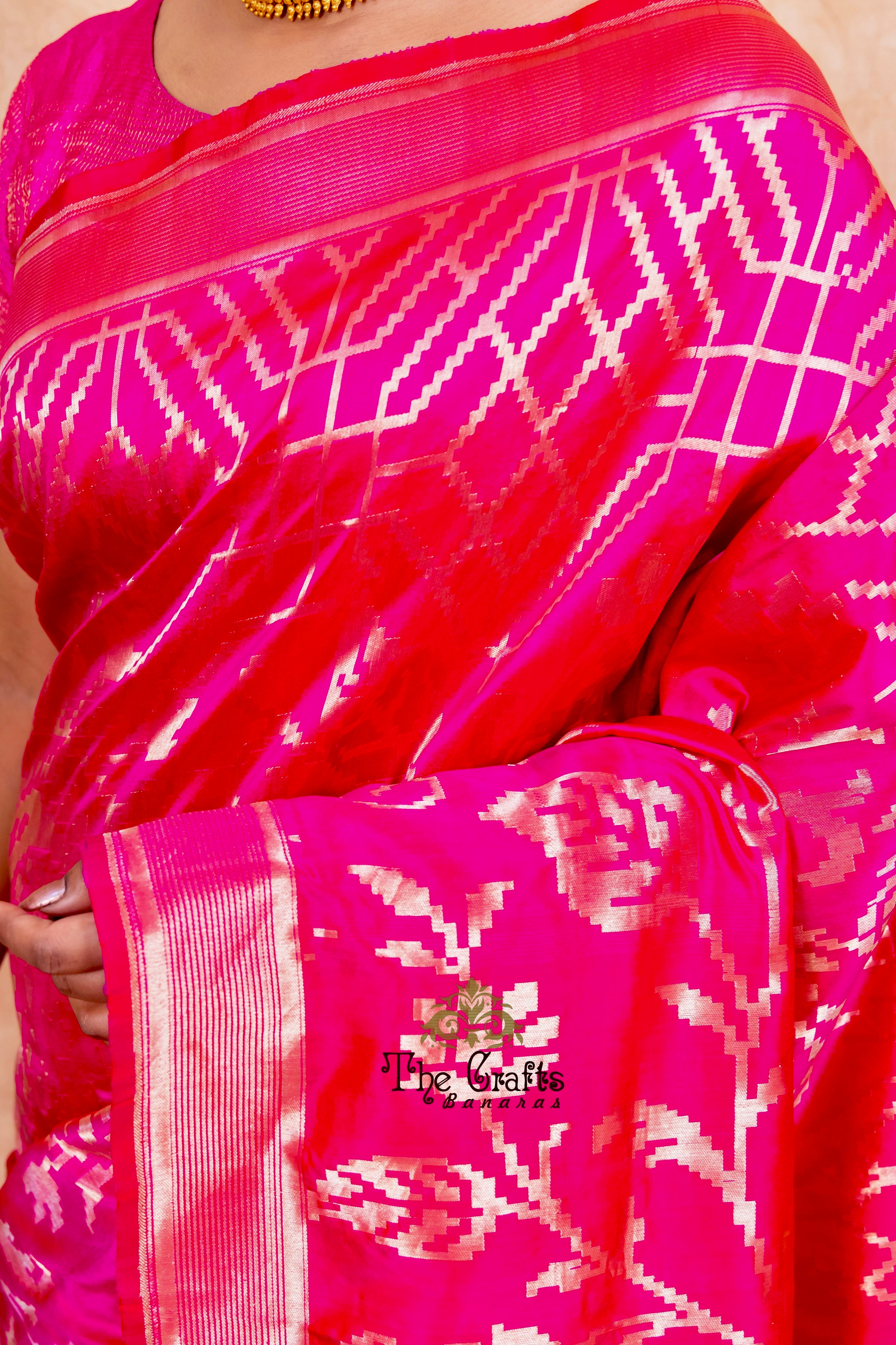 Hot Pink Pure Katan Silk Handloom Banarasi Saree - Jangla