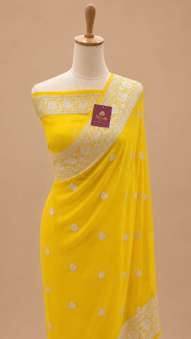 Yellow Pure Handloom Georgette Banarasi Saree - Silver Zari