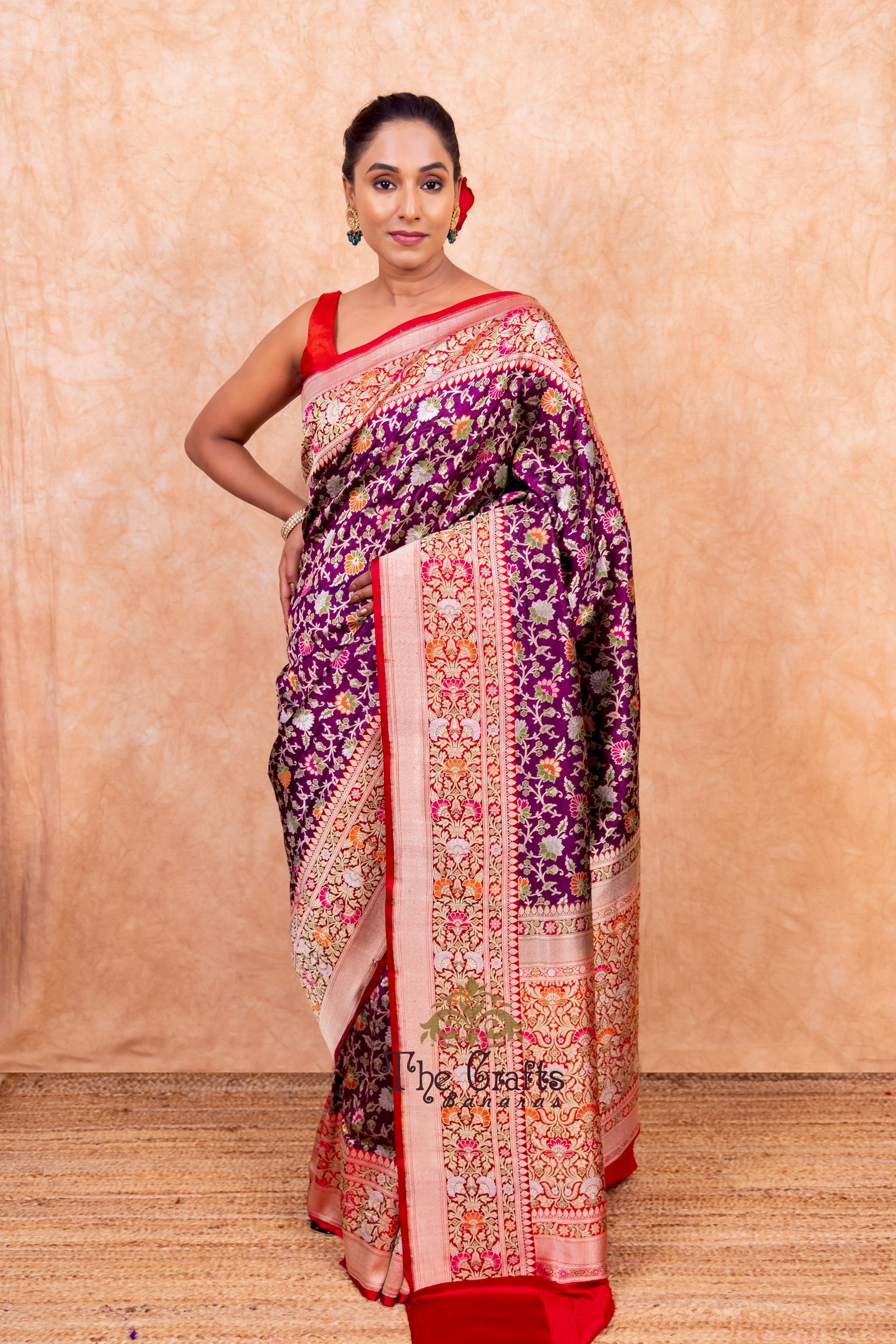 Pure Katan Silk Handloom Banarasi Saree - Jall Work With Meenakari Tilfi