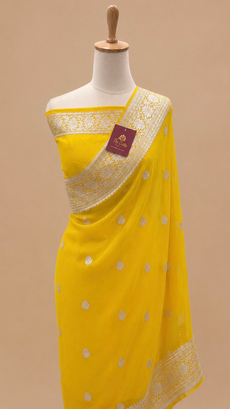 Yellow Pure Handloom Georgette Banarasi Saree - Silver Zari