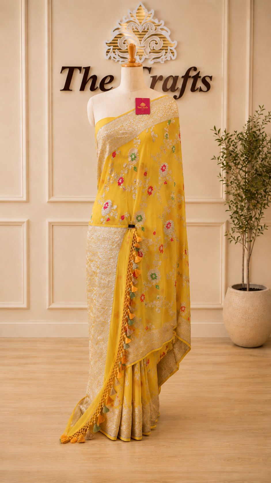 Yellow Khaddi Georgette Banarasi Saree - Jaal with Meenakari