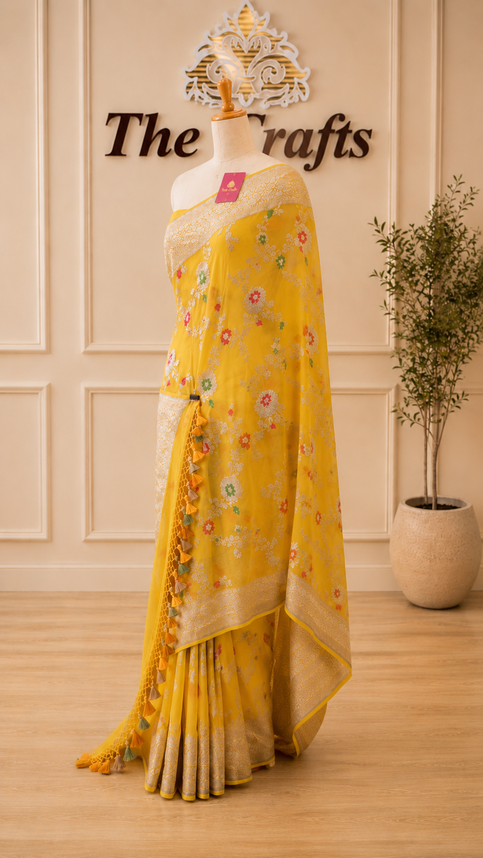 Yellow Khaddi Georgette Banarasi Saree - Jaal with Meenakari