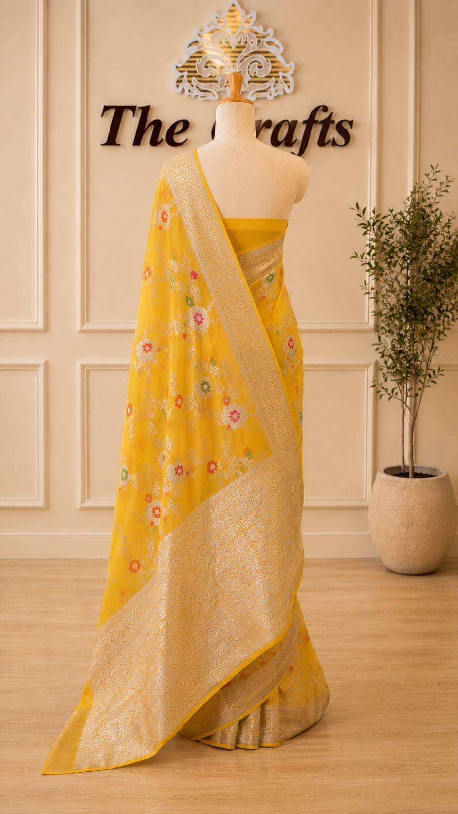 Yellow Khaddi Georgette Banarasi Saree - Jaal with Meenakari