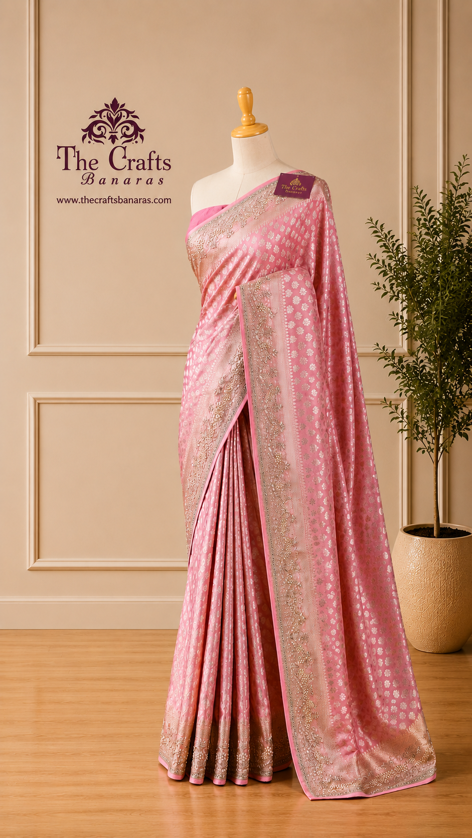 Pure Katan Silk Handloom Banarasi Saree - Jaal work with Handwork Zardozi Cut Dana and Stone Work
