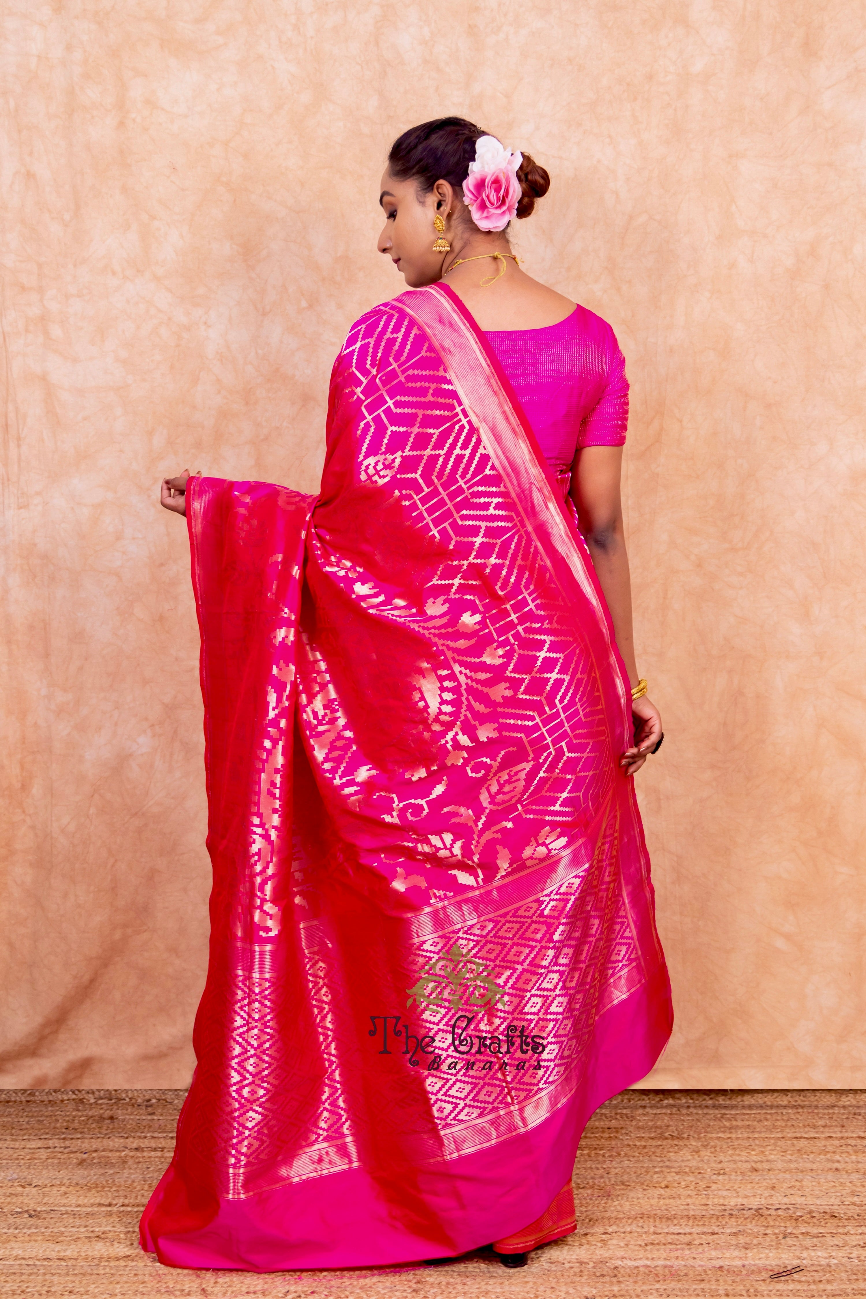 Hot Pink Pure Katan Silk Handloom Banarasi Saree - Jangla