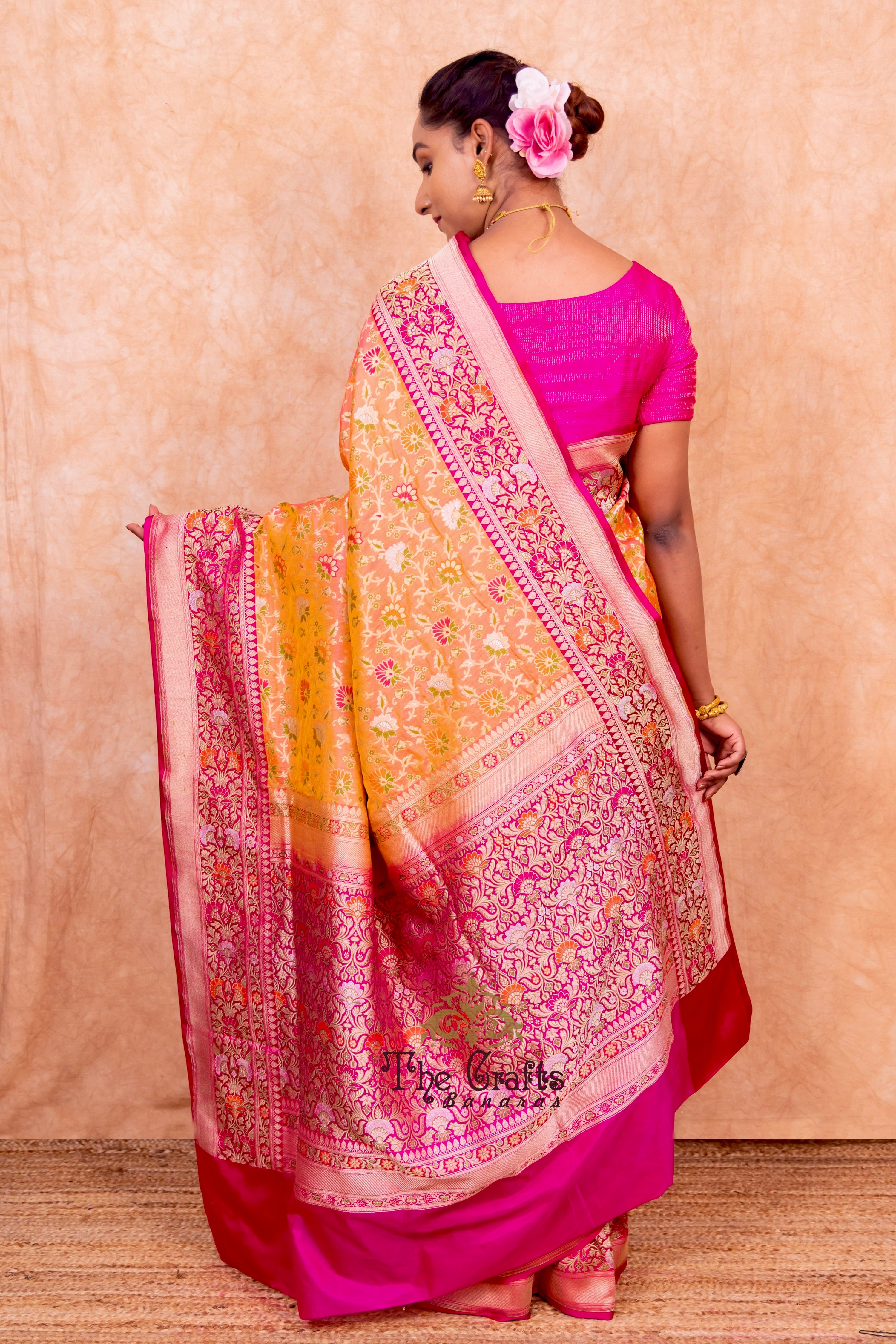 Pure Katan Silk Handloom Banarasi Saree - Jall Work With Meenakari Tilfi