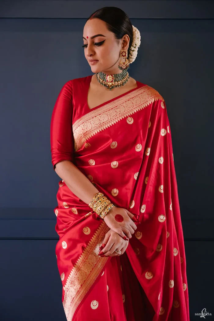 Sonakshi Sinha Red Pure Katan Silk Handloom Banarasi Saree - with kadhua motifs