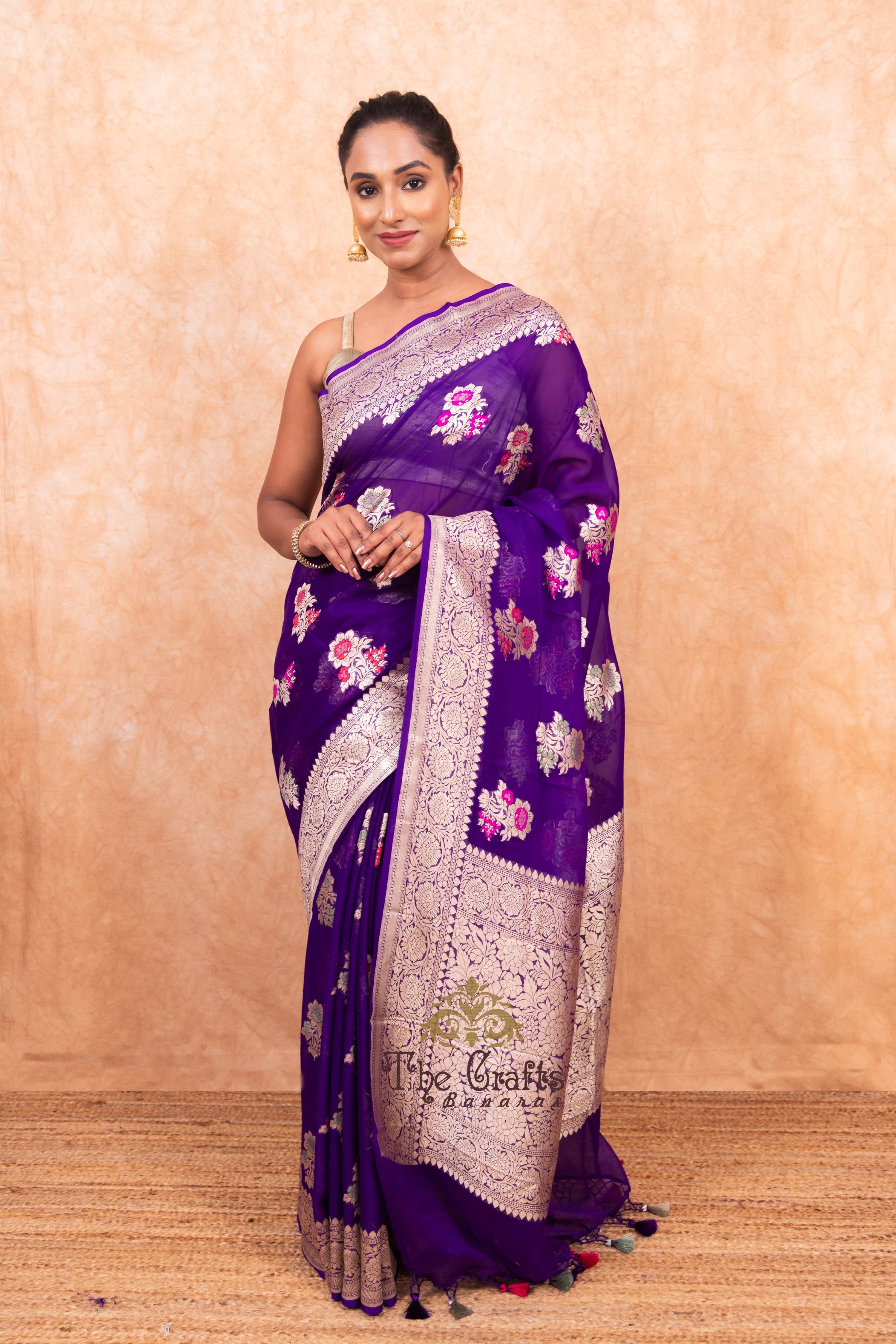 Khaddi Georgette Handloom Banarasi Saree - Jaal with Meenakari