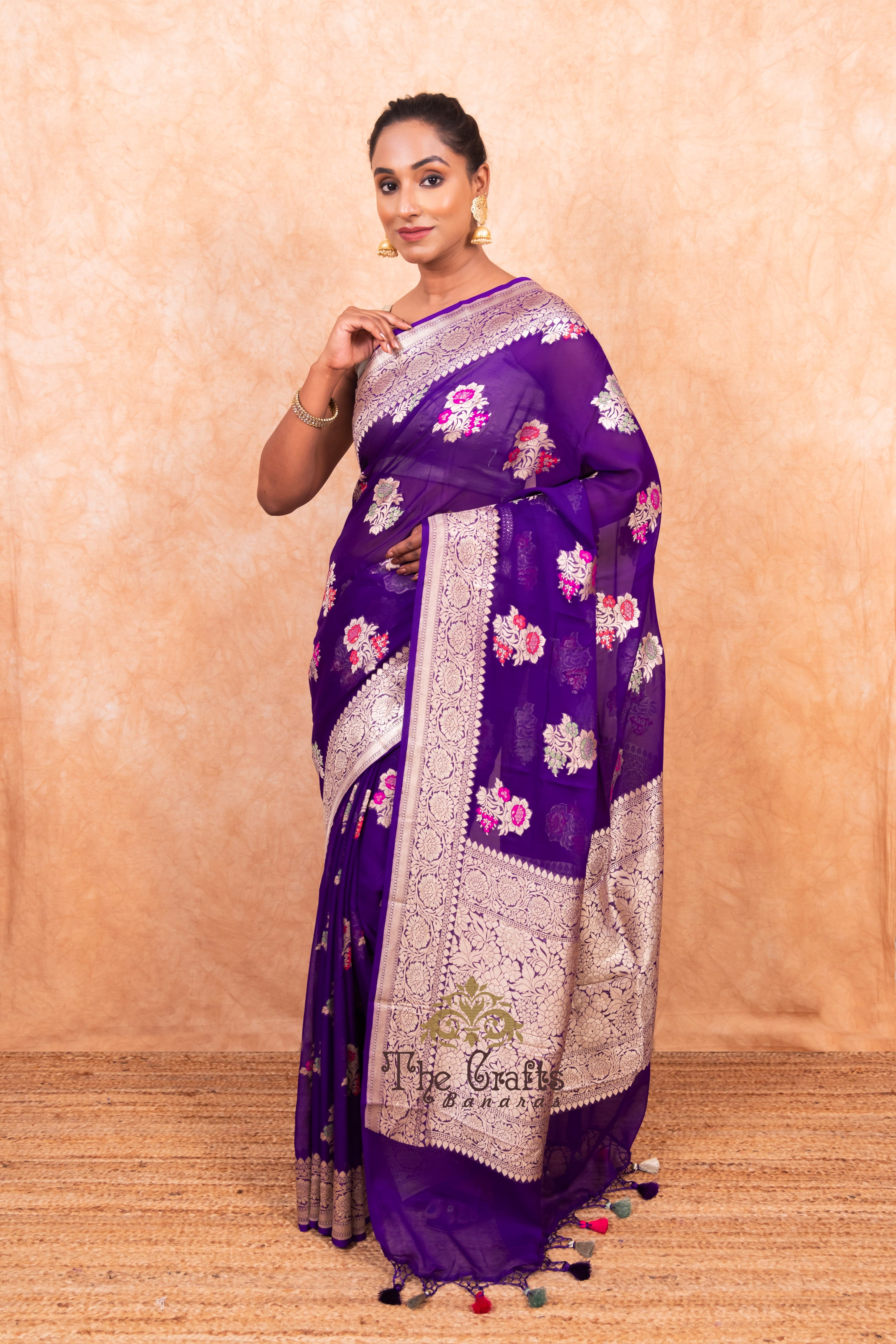 Khaddi Georgette Handloom Banarasi Saree - Jaal with Meenakari