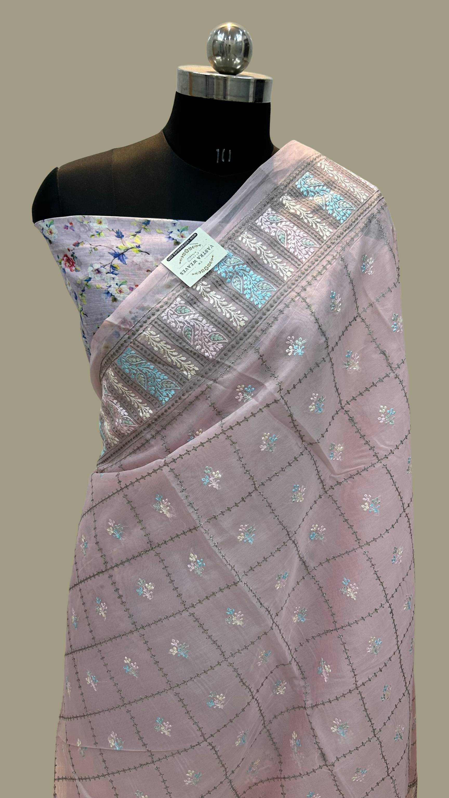 Pure Kora Silk Banarasi Saree - Chikankari all over