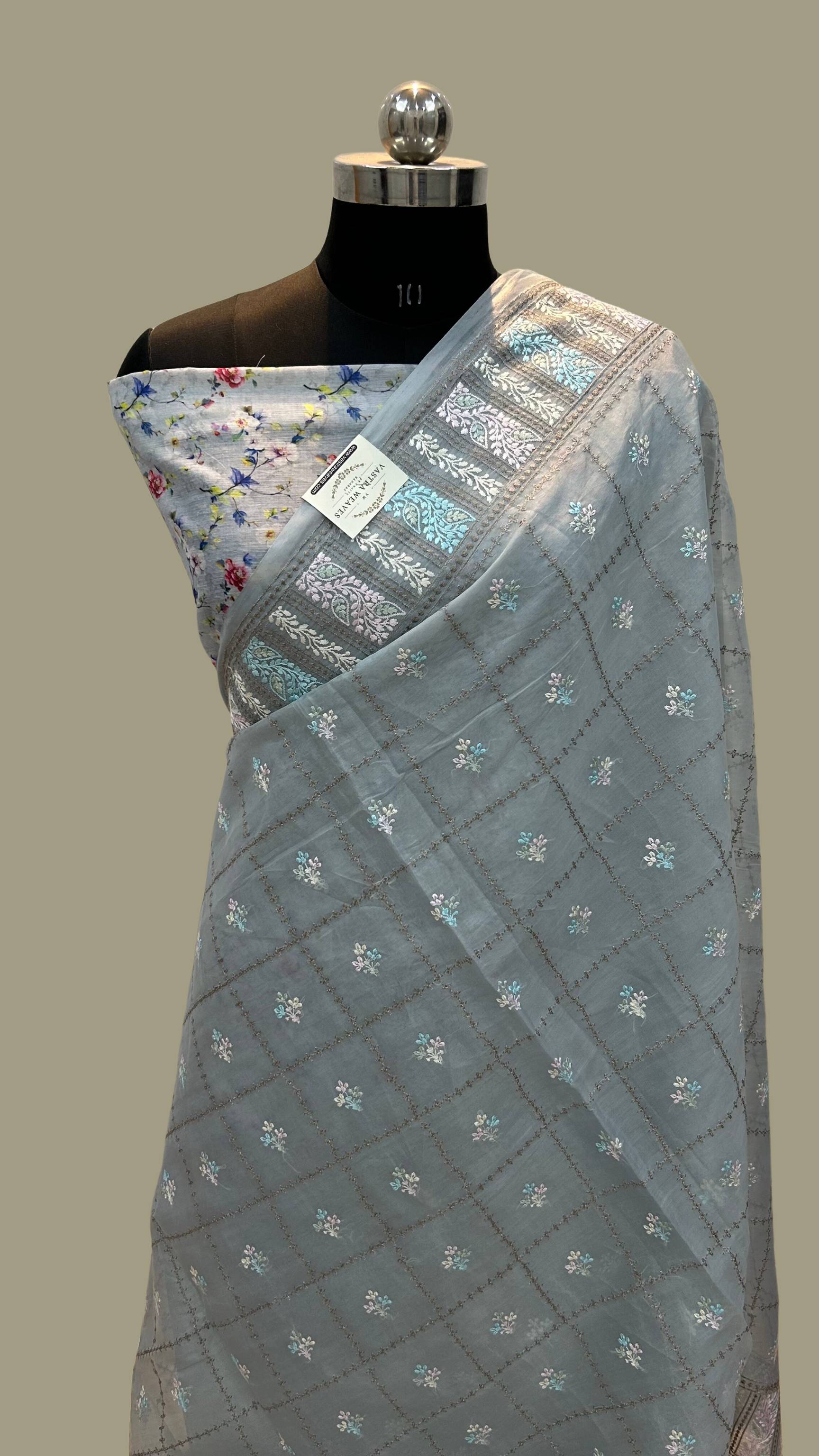 Pure Kora Silk Banarasi Saree - Chikankari all over