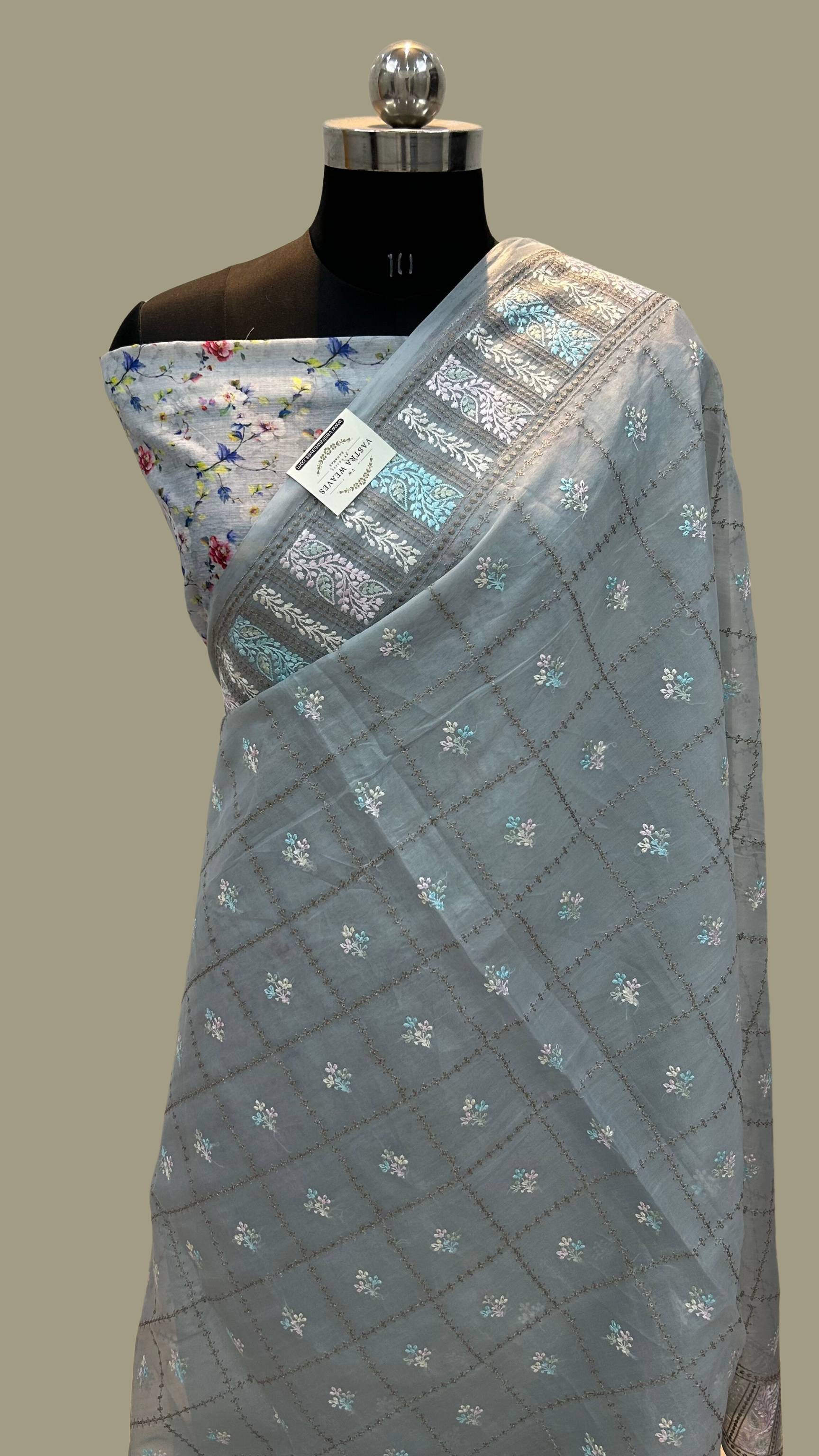 Pure Kora Silk Banarasi Saree - Chikankari all over