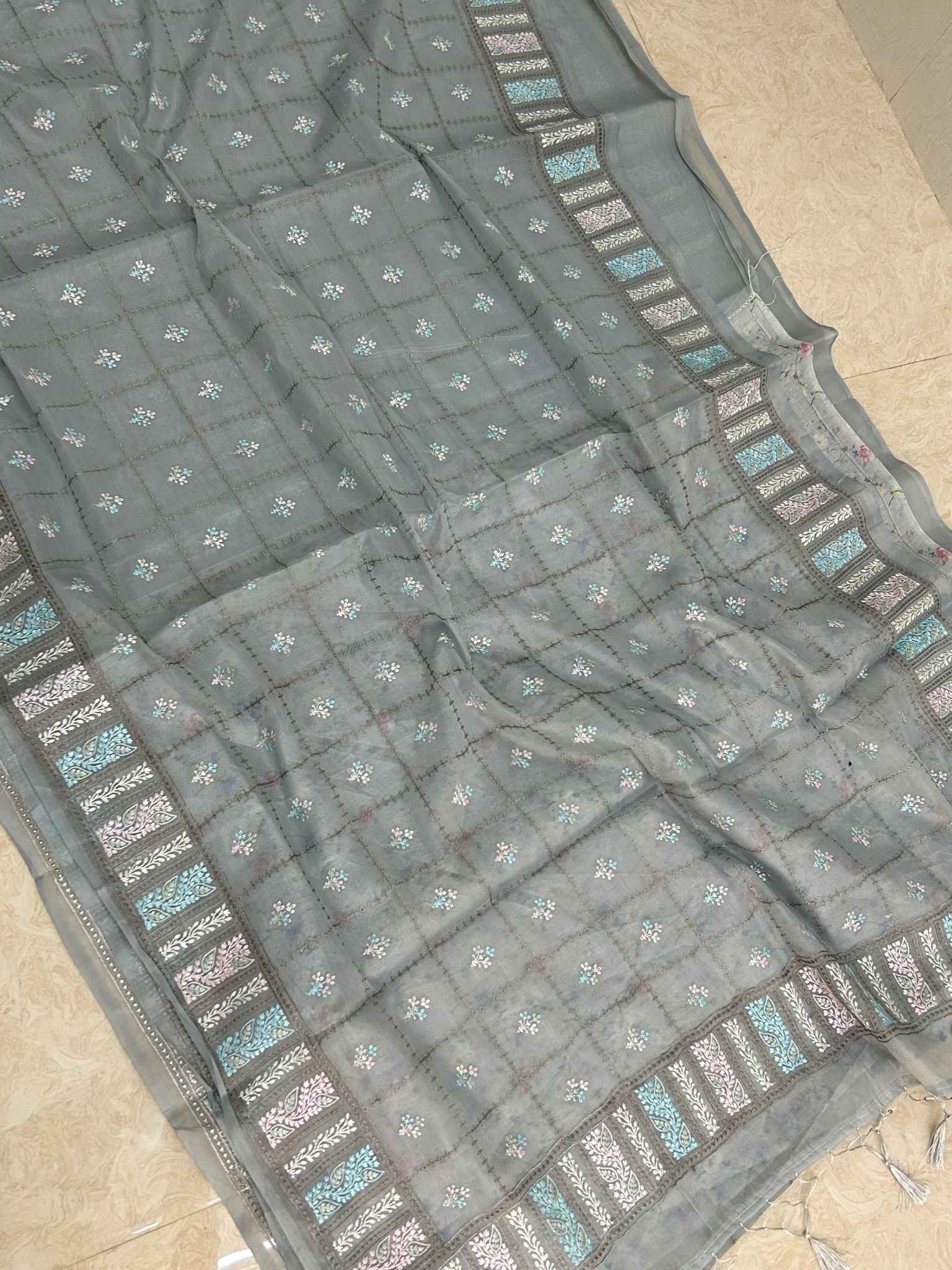 Pure Kora Silk Banarasi Saree - Chikankari all over