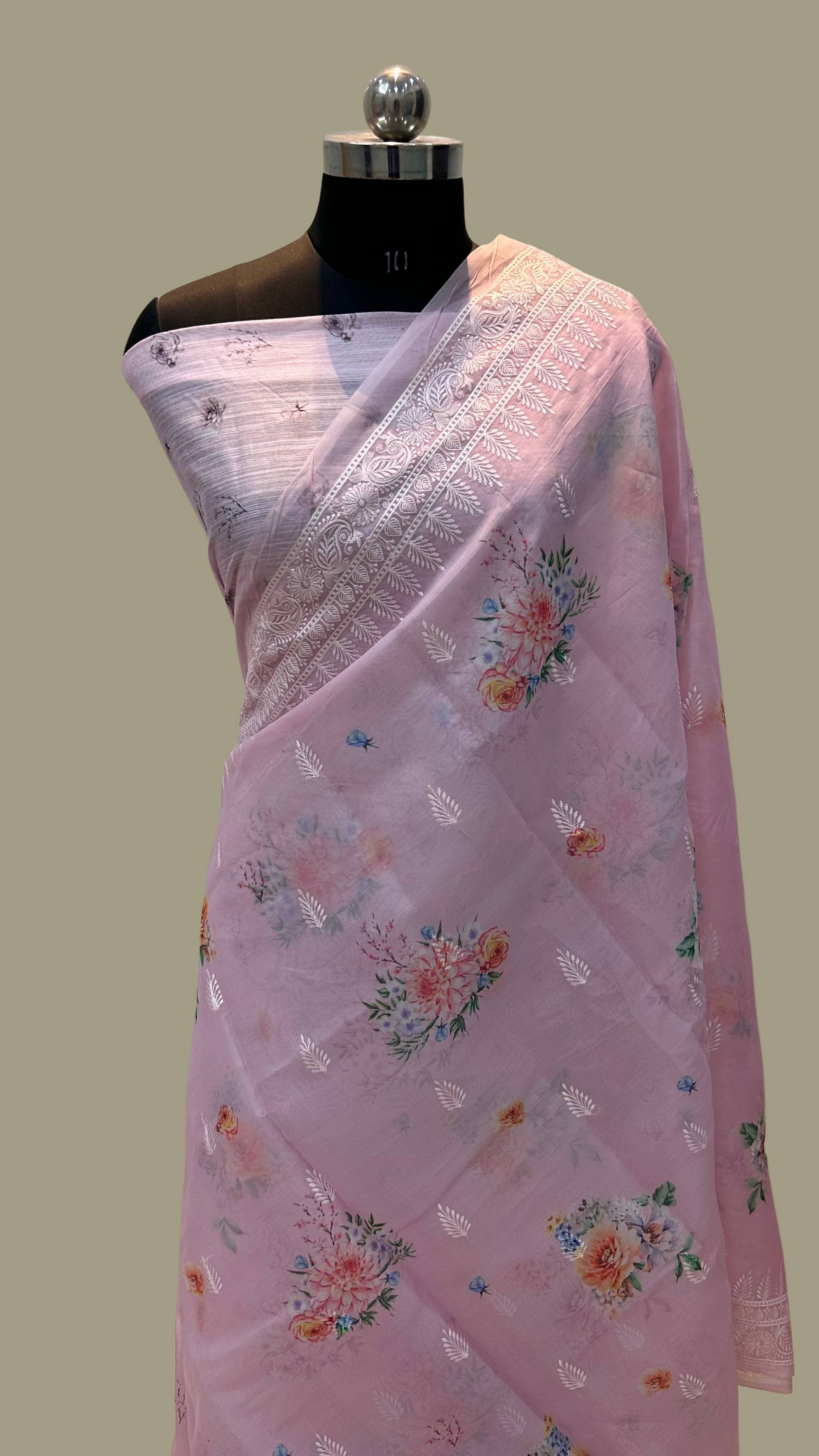 Kora Silk Banarasi Saree - Digital print with chikankari