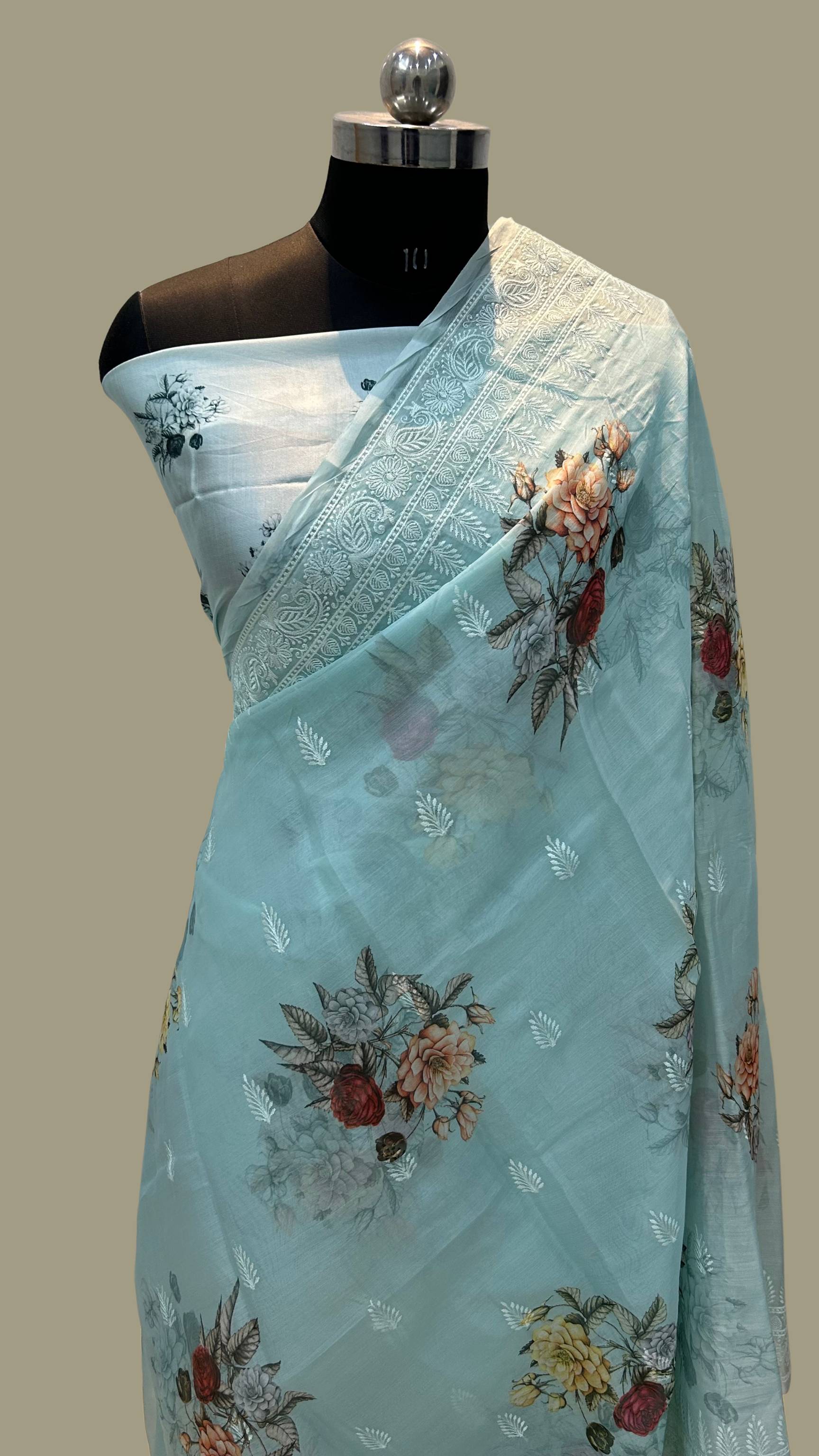 Kora Silk Banarasi Saree - Digital print with chikankari