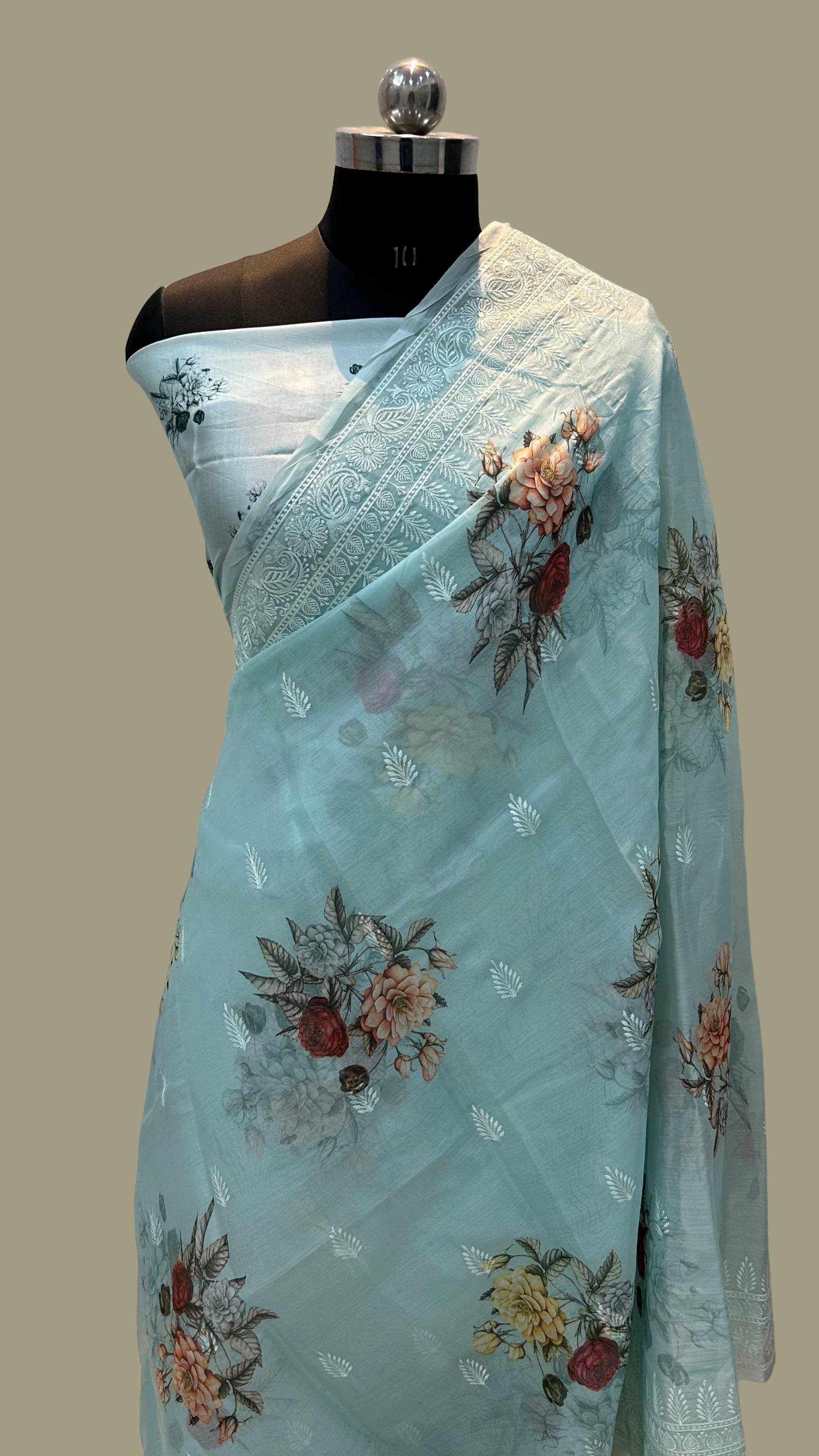 Kora Silk Banarasi Saree - Digital print with chikankari