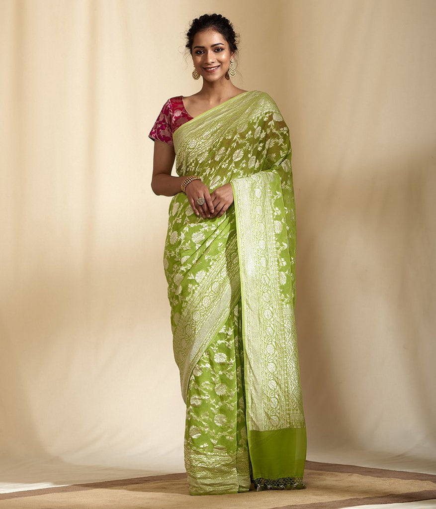 Pure Georgette Banarasi Saree - Silver Zari