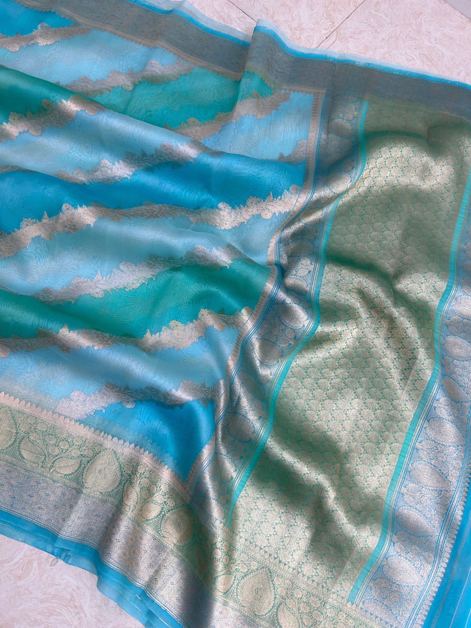 Pure Kora Silk Handloom Banarasi Saree - Sona Rupa Kadiyal Stripes