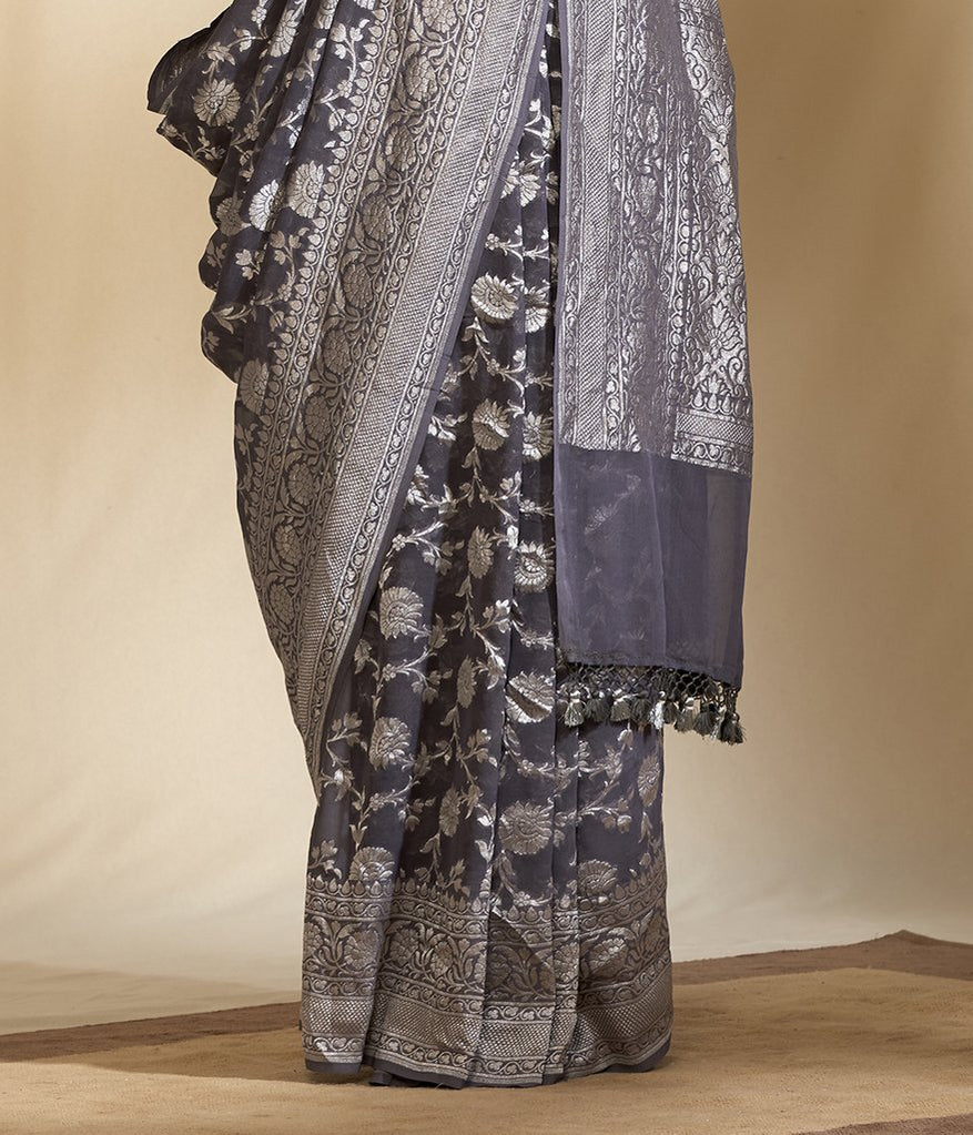 Pure Georgette Banarasi Saree - Silver Zari