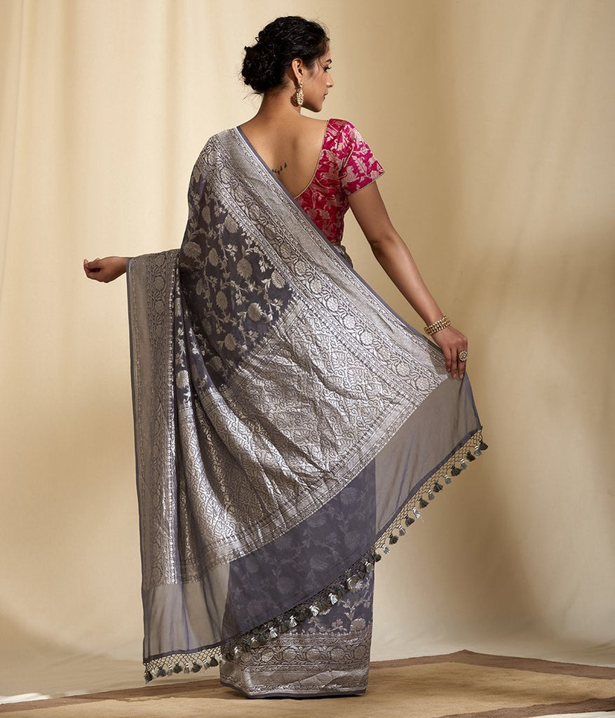 Pure Georgette Banarasi Saree - Silver Zari