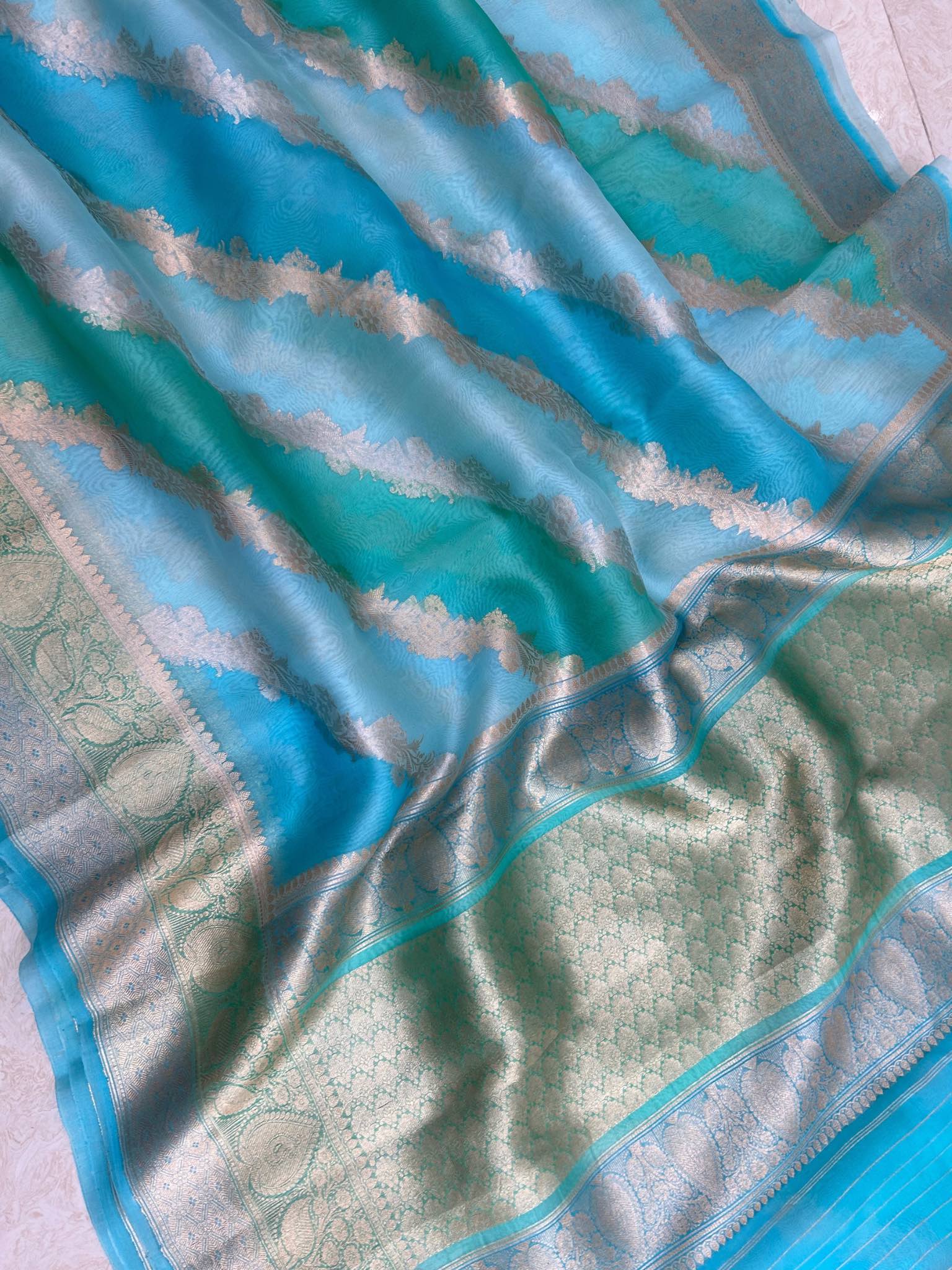 Pure Kora Silk Handloom Banarasi Saree - Sona Rupa Kadiyal Stripes