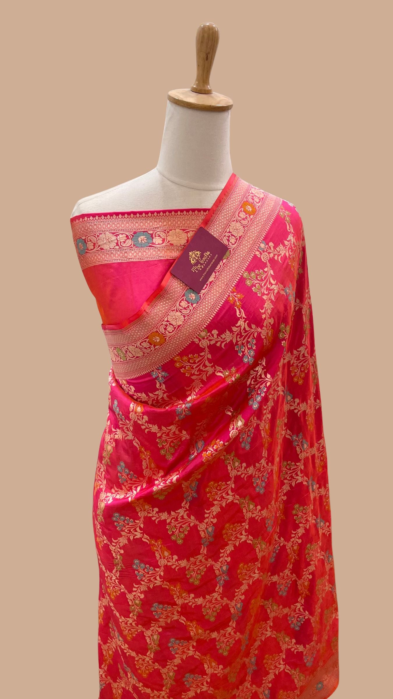 Pure Katan Silk Handloom Banarasi Saree - Jaal With Meenakari