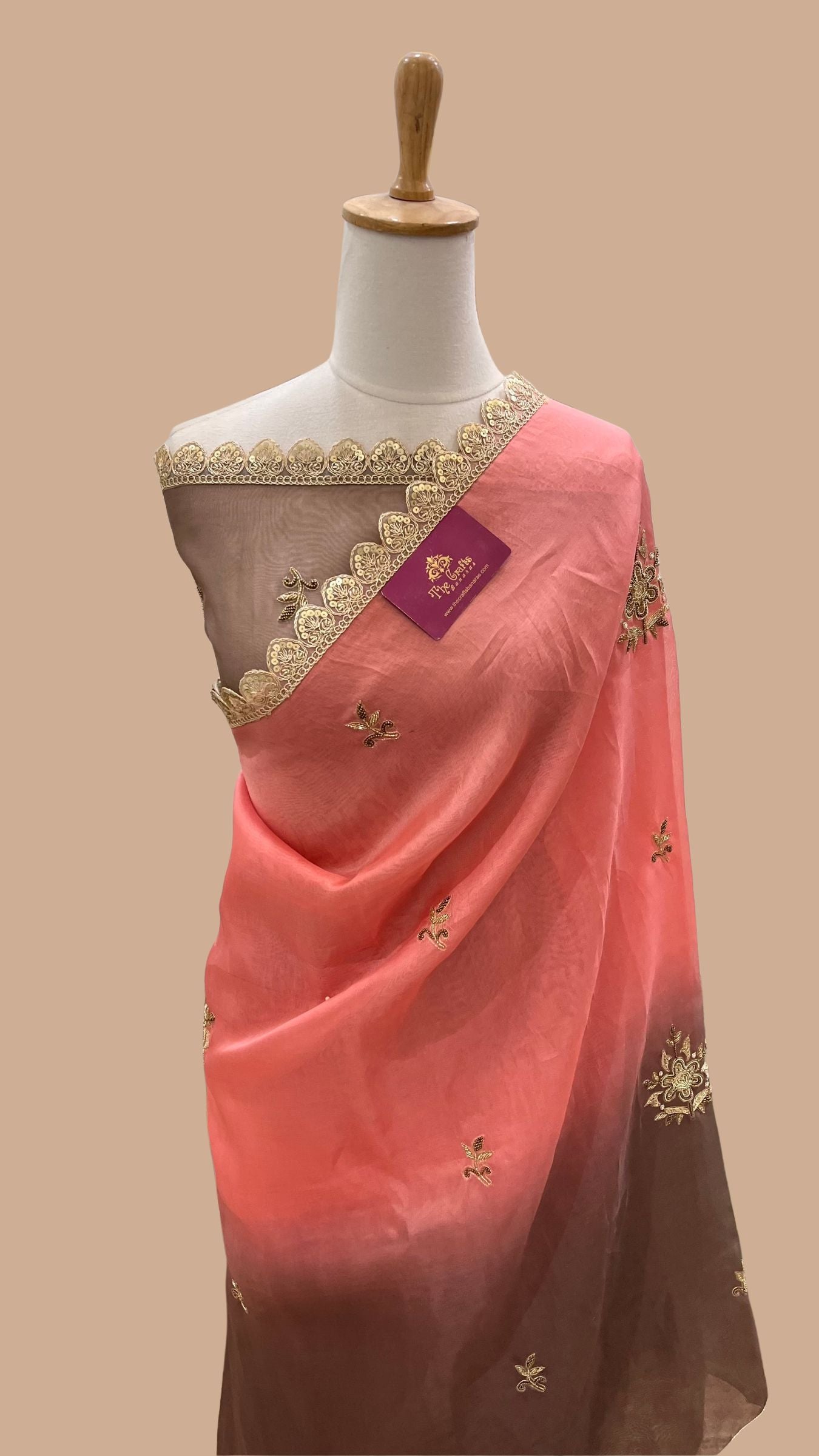 Pure Organza Silk Handloom Banarasi Saree - Handwork Zardozi Cut Dana and Stone Work