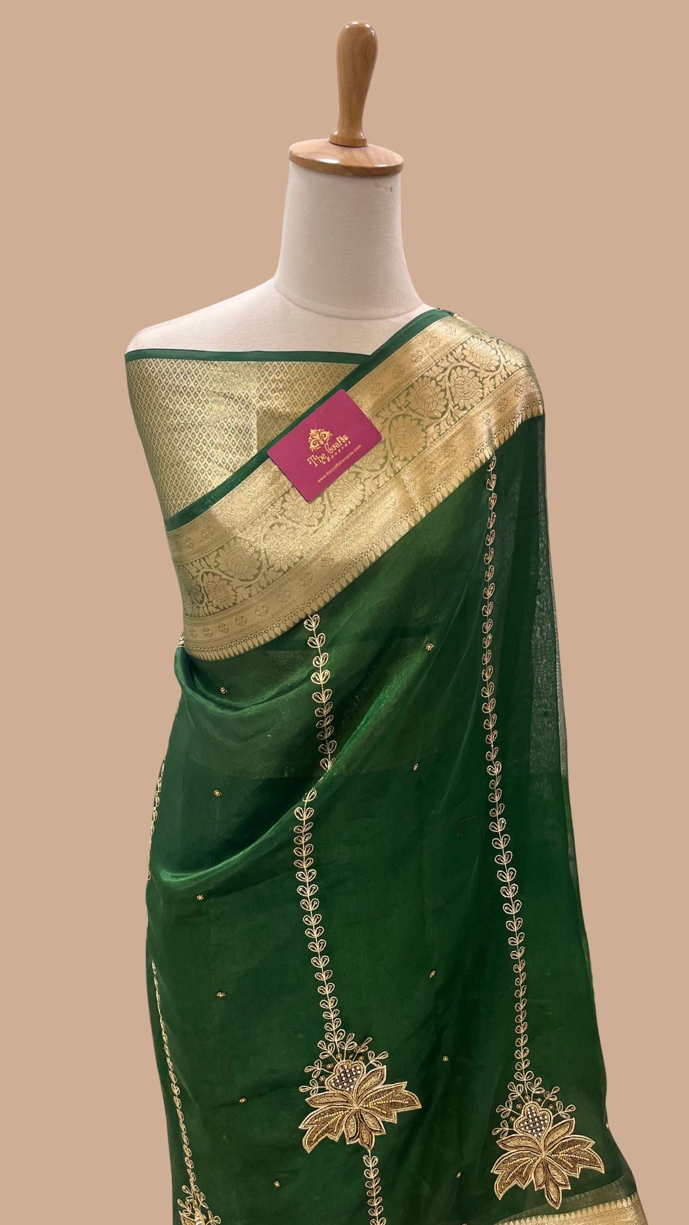 Pure Kora Tissue Silk Handloom Banarasi Saree - Handwork Zardozi Cut Dana and Stone Work