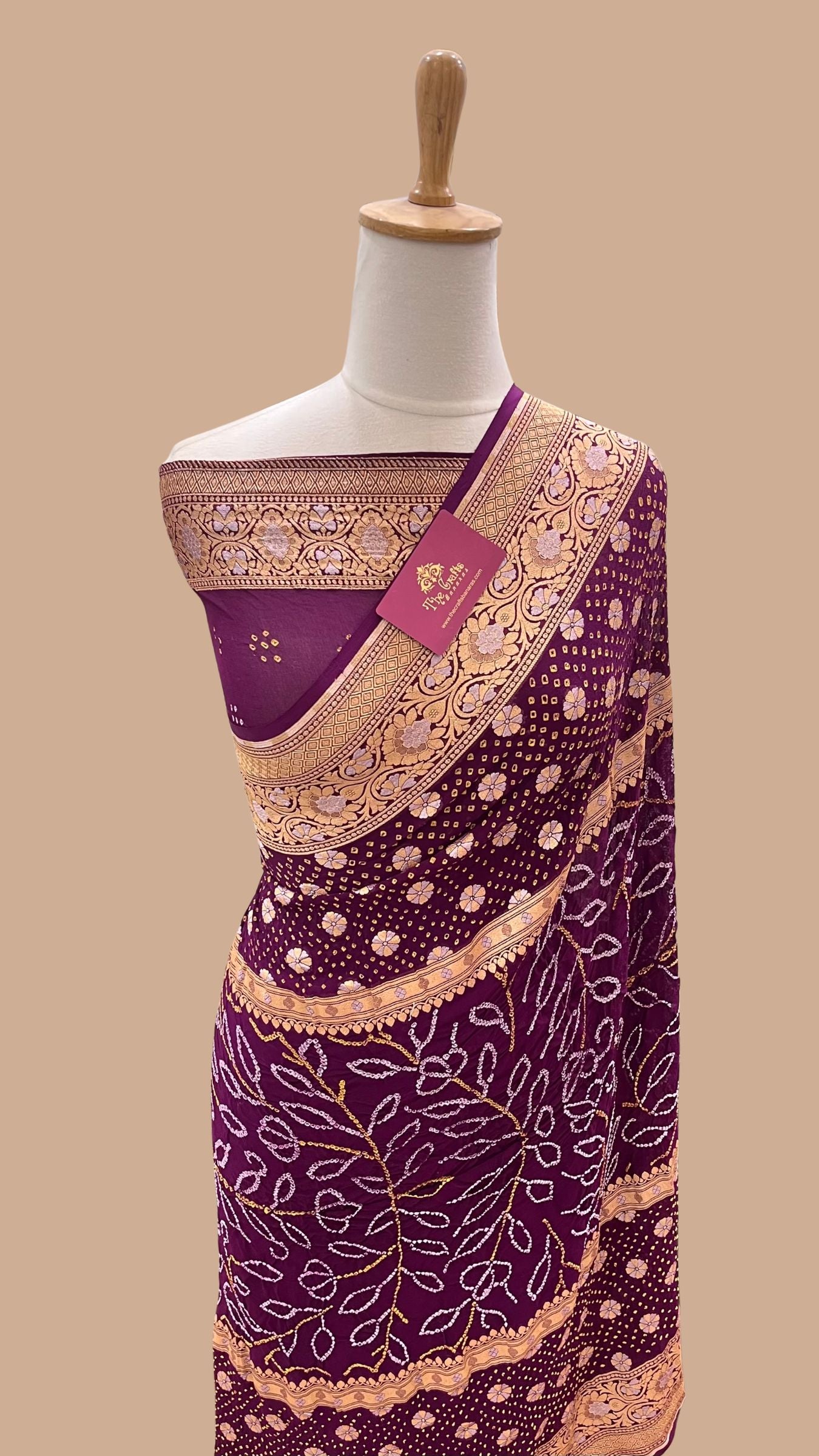 Pure Georgette Banarasi Handloom Bandhej Saree - All over Sona rupa Jaal work