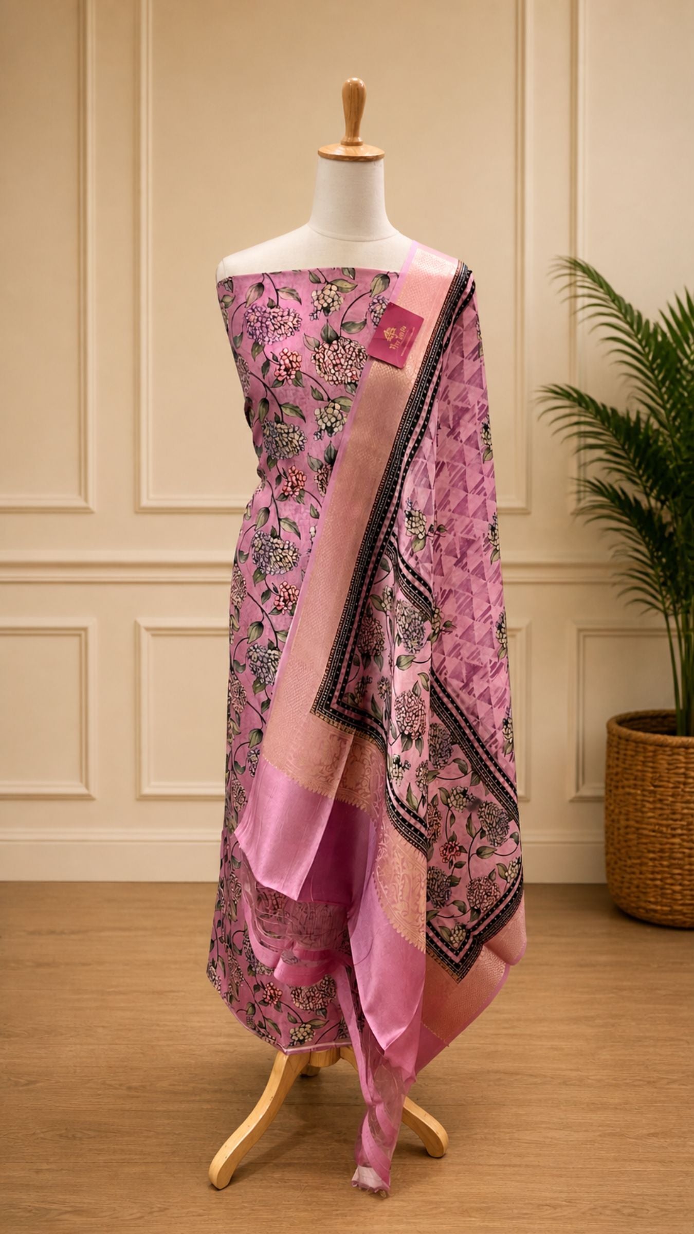 Pure Mango Silk Banarasi Dress Material - Digital Print All over