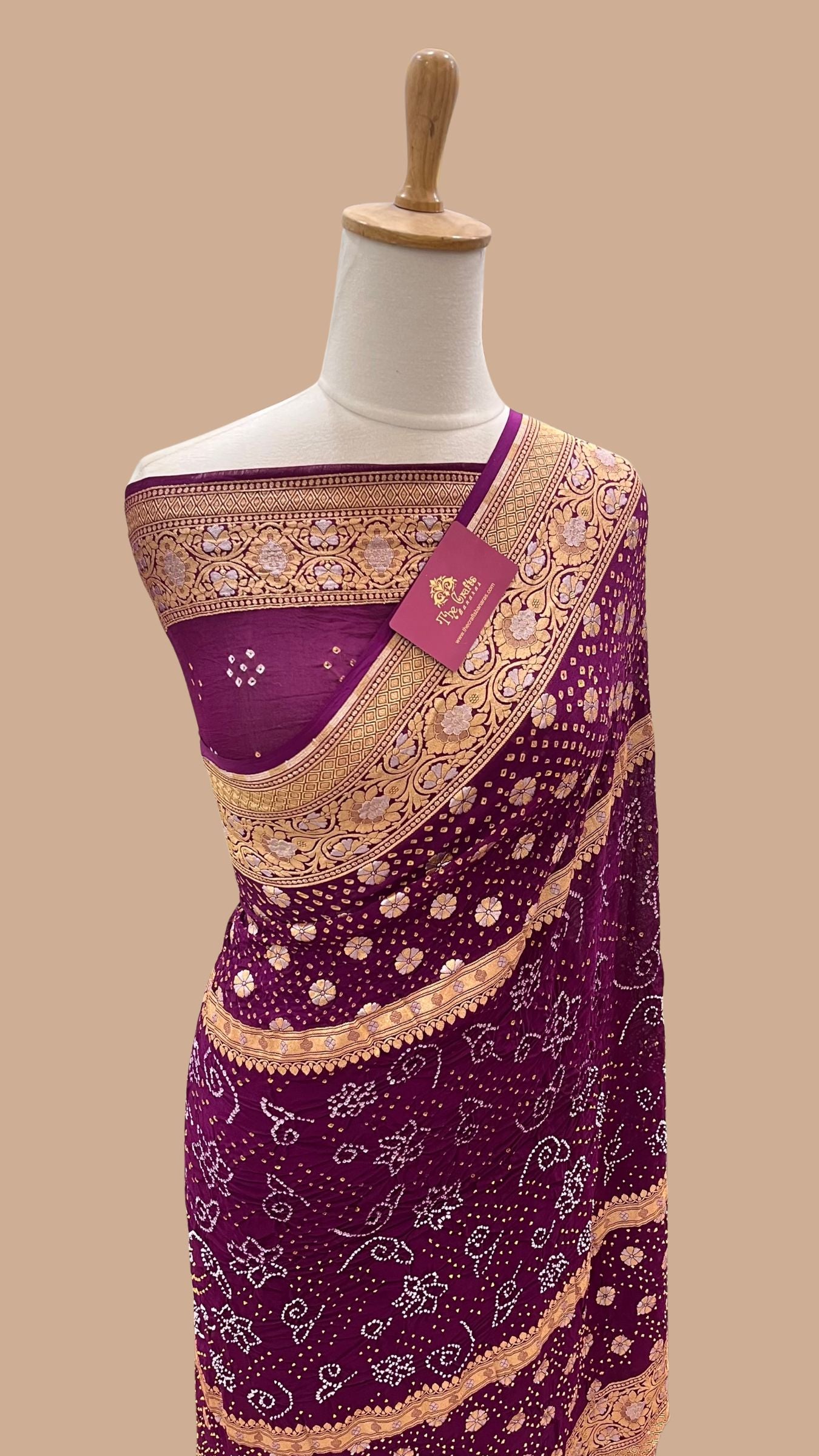 Pure Georgette Banarasi Handloom Bandhej Saree - All over Sona rupa Jaal work