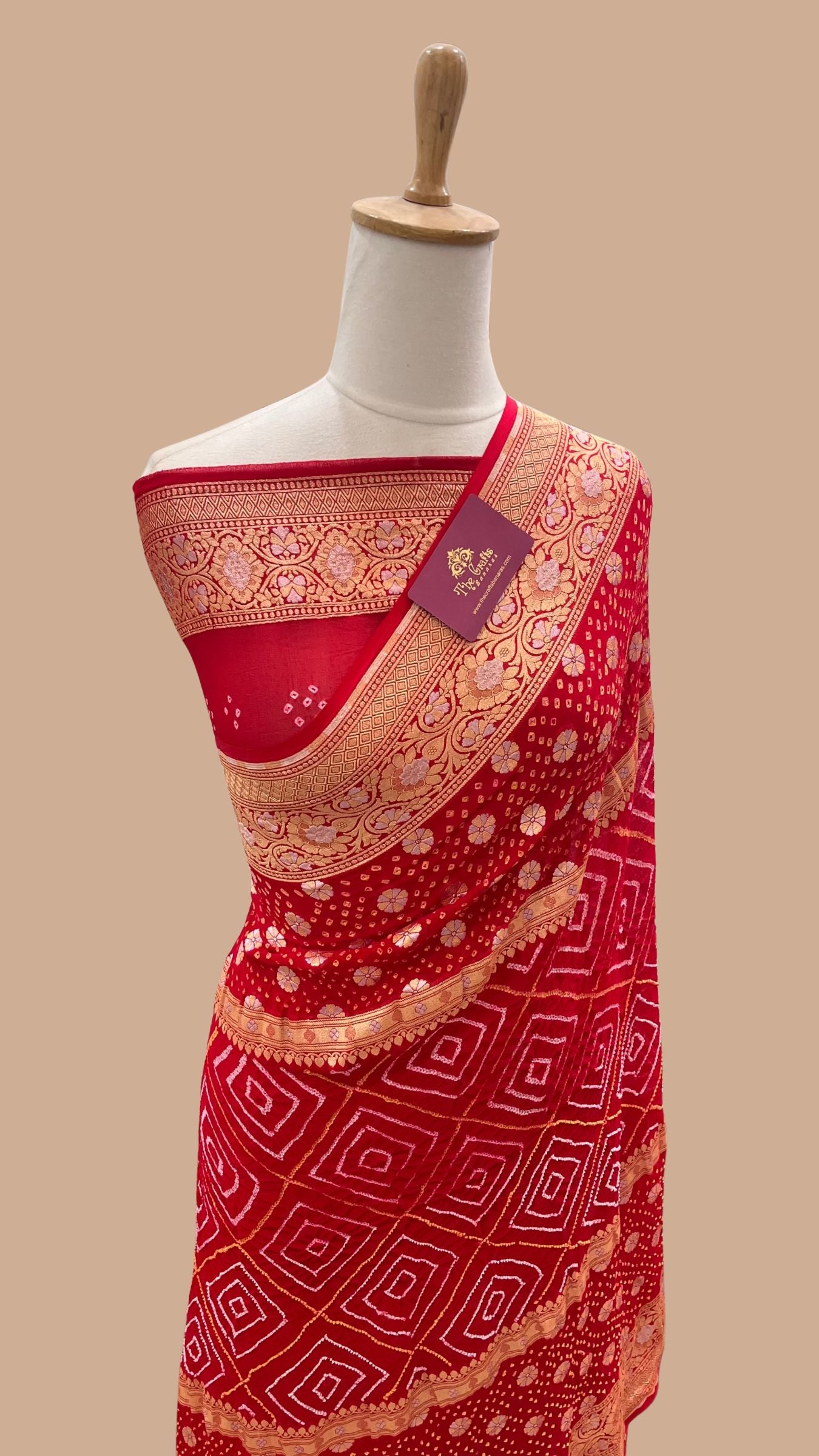 Pure Georgette Banarasi Handloom Bandhej Saree - All over Sona rupa Jaal work