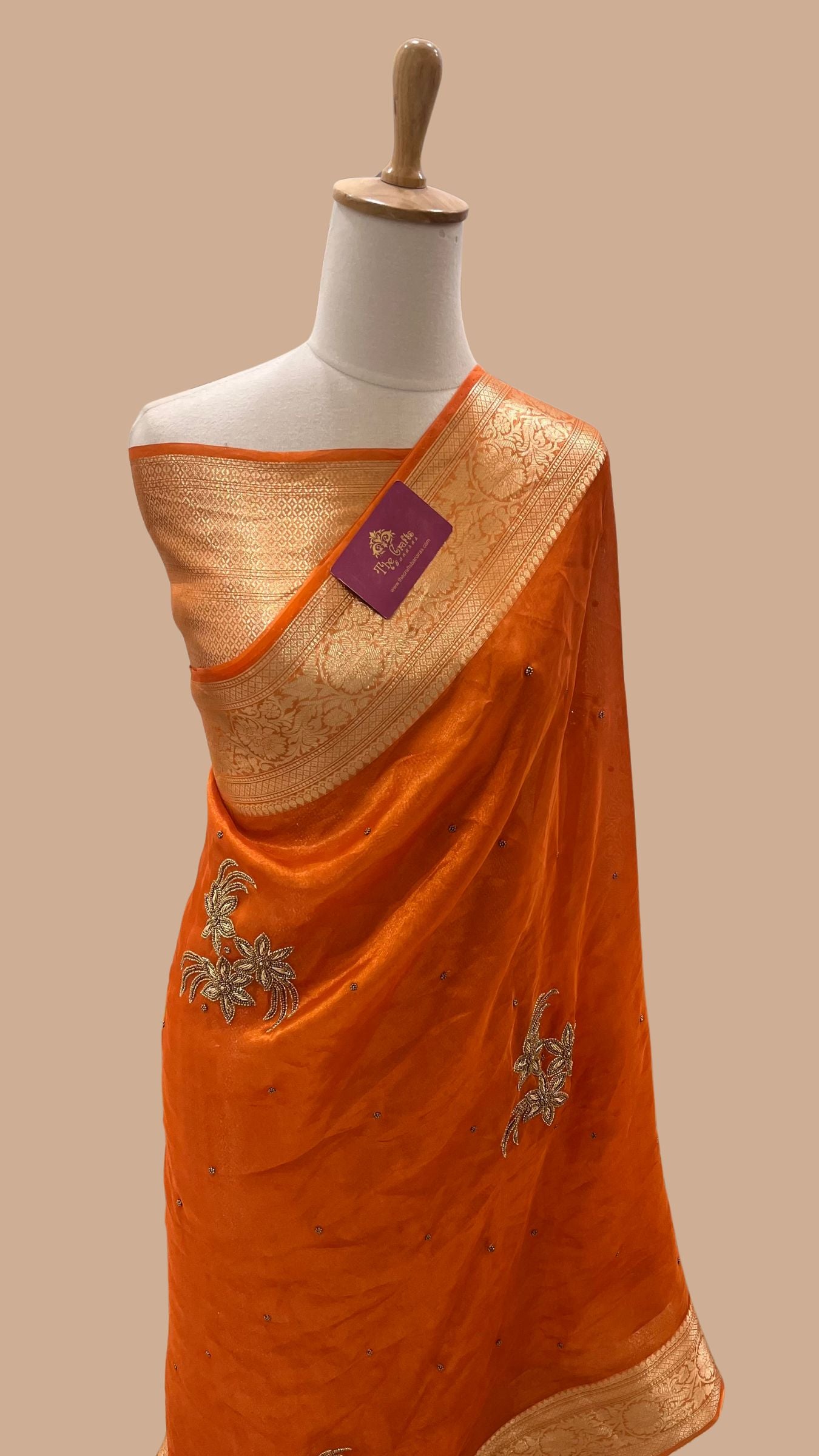Pure Kora Silk Handloom Banarasi Saree - Handwork Zardozi Cut Dana and Stone Work
