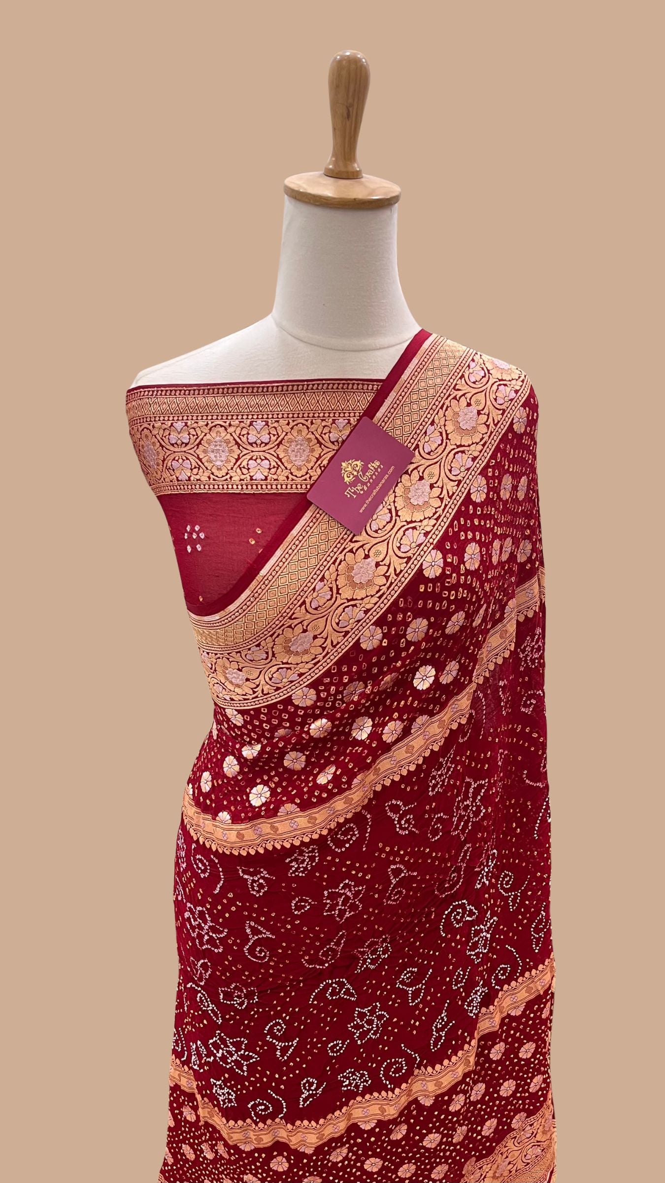 Pure Georgette Banarasi Handloom Bandhej Saree - All over Sona rupa Jaal work