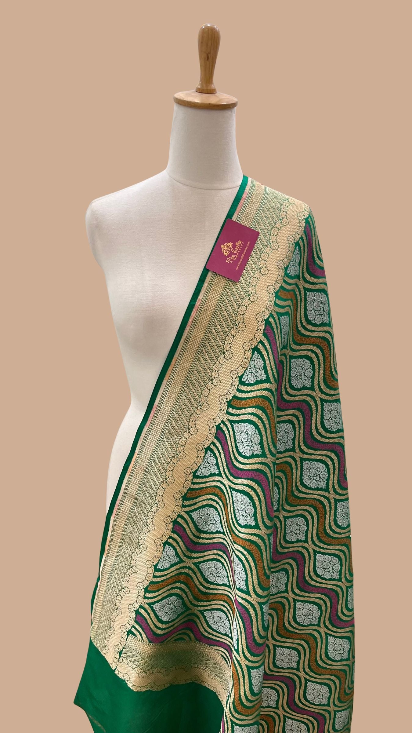 Pure Katan Silk Banarasi Handloom Dupatta - Jaal with  meenakari