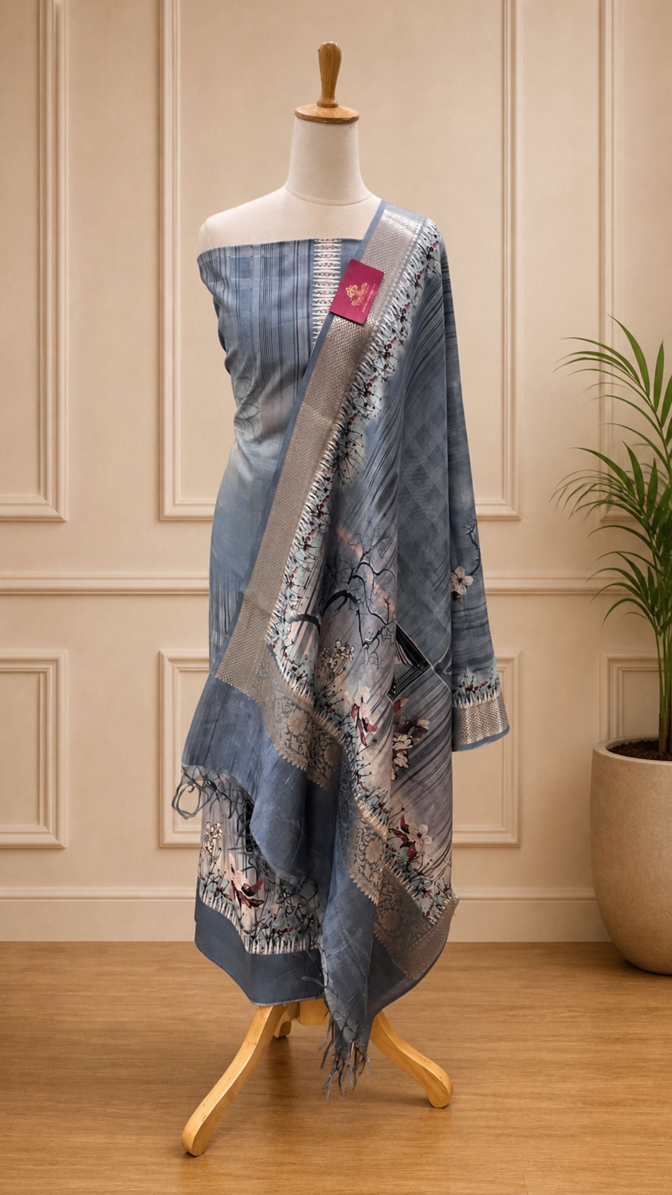 Pure Mango Silk Banarasi Dress Material - Digital Print All over