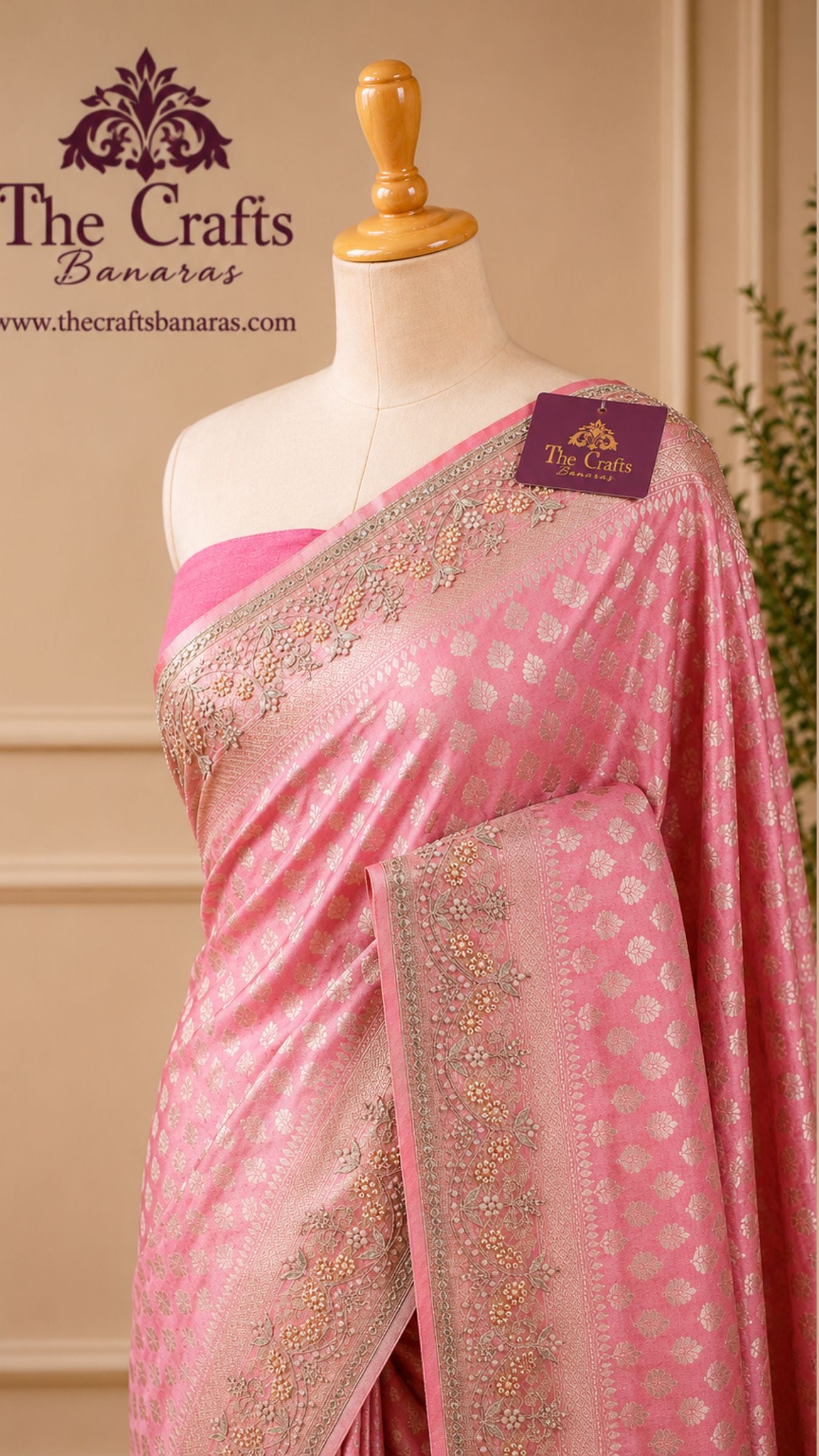 Pure Katan Silk Handloom Banarasi Saree - Jaal work with Handwork Zardozi Cut Dana and Stone Work