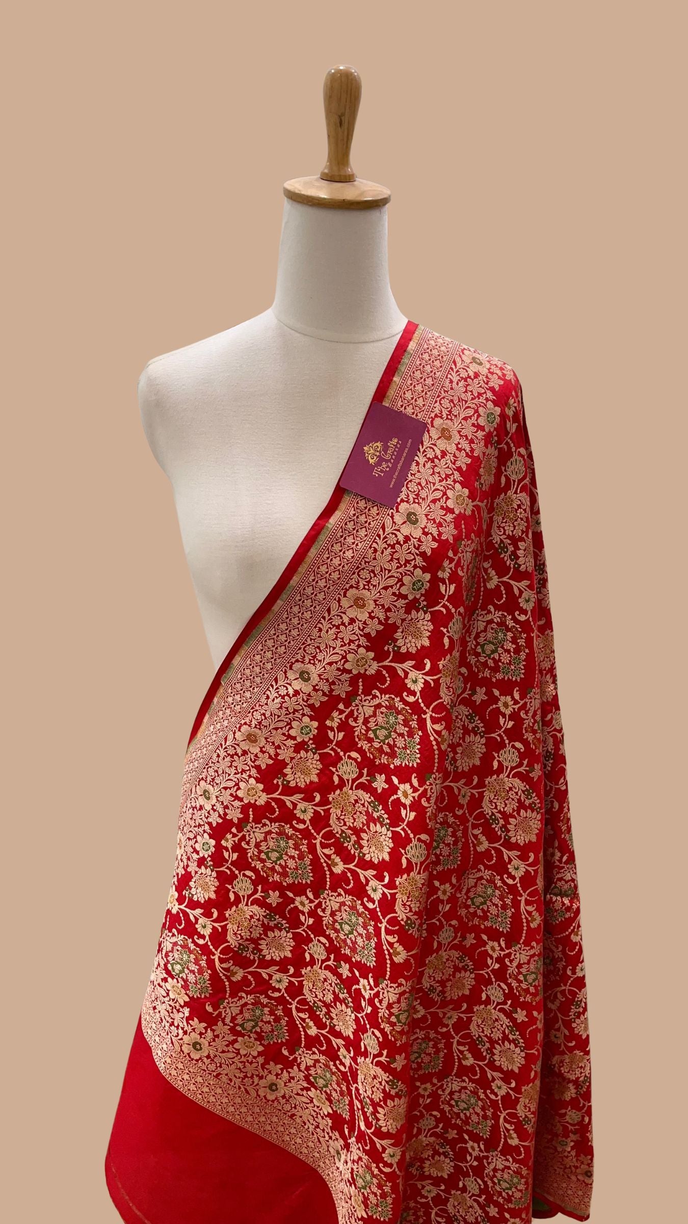 Pure Katan Silk Banarasi Handloom Dupatta - Jaal with  meenakari