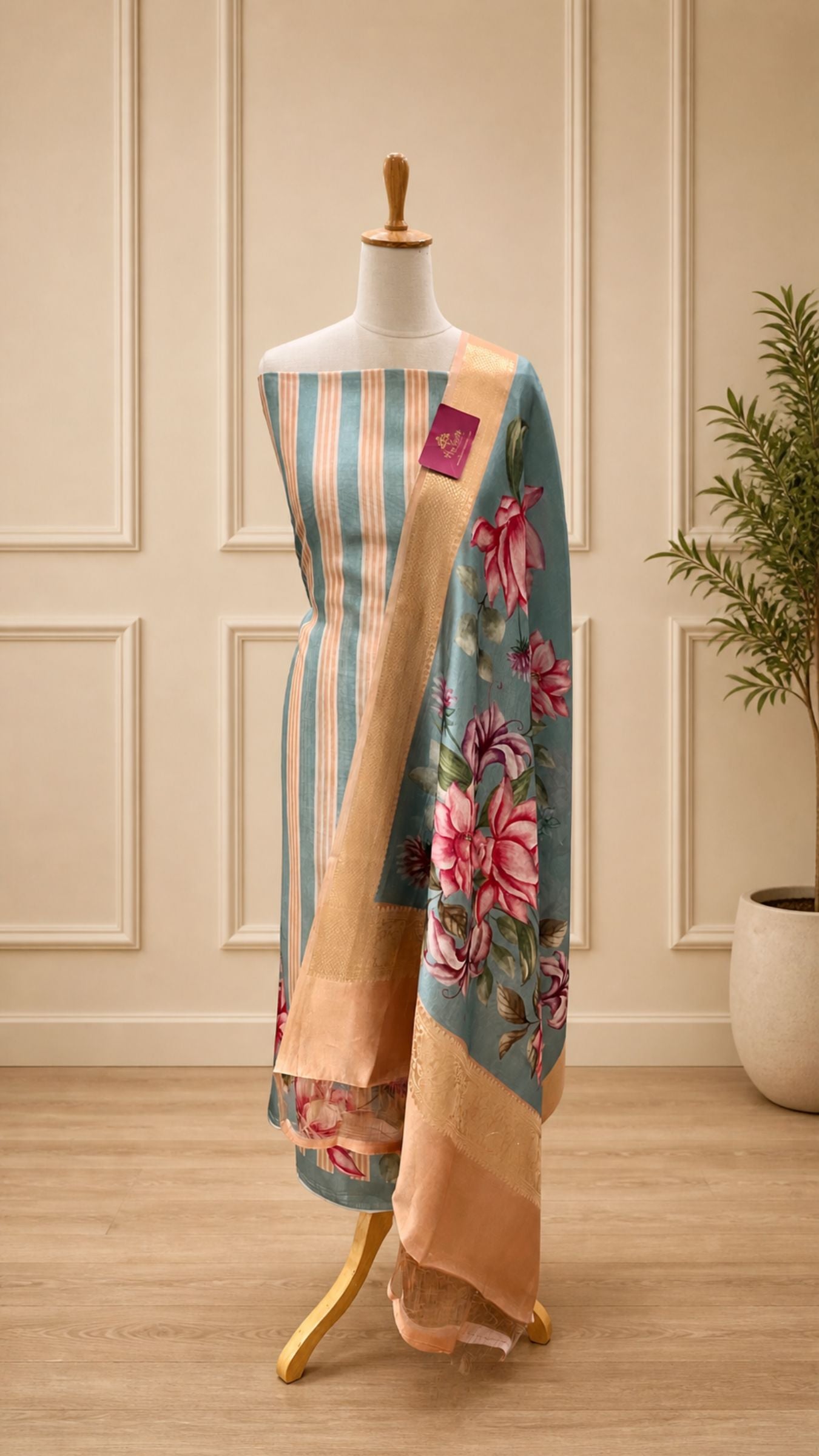 Pure Mango Silk Banarasi Dress Material - Digital Print All over