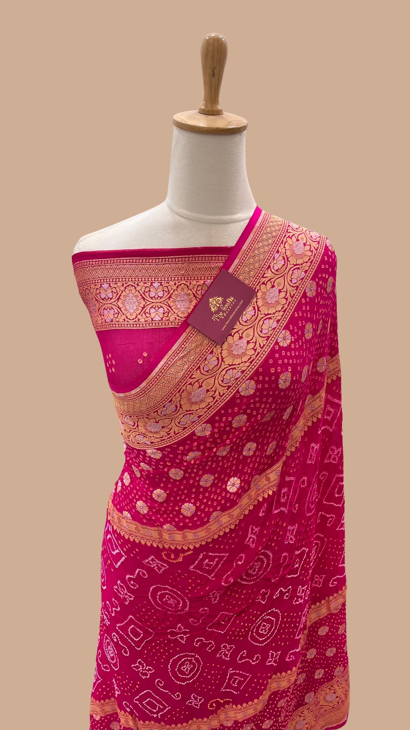 Pure Georgette Banarasi Handloom Bandhej Saree - All over Sona rupa Jaal work