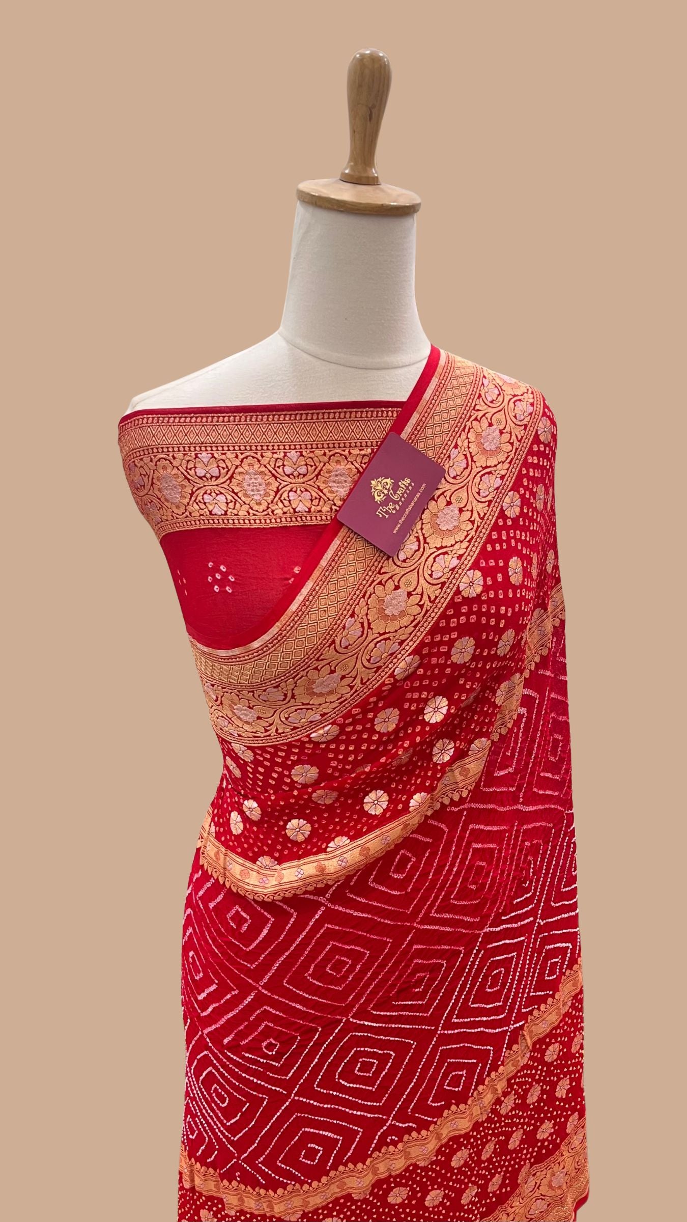 Pure Georgette Banarasi Handloom Bandhej Saree - All over Sona rupa Jaal work