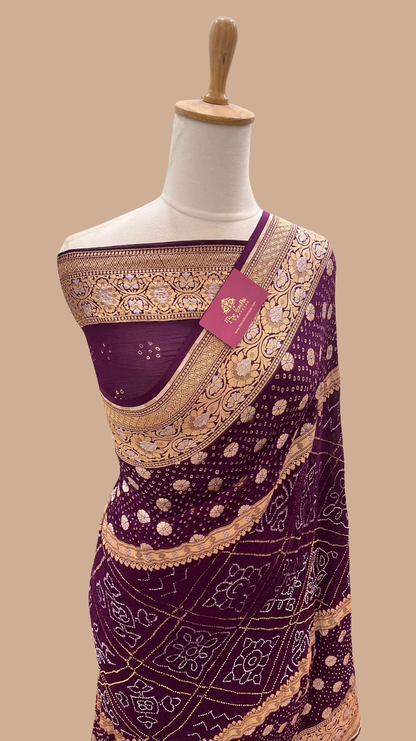 Pure Georgette Banarasi Handloom Bandhej Saree - All over Sona rupa Jaal work