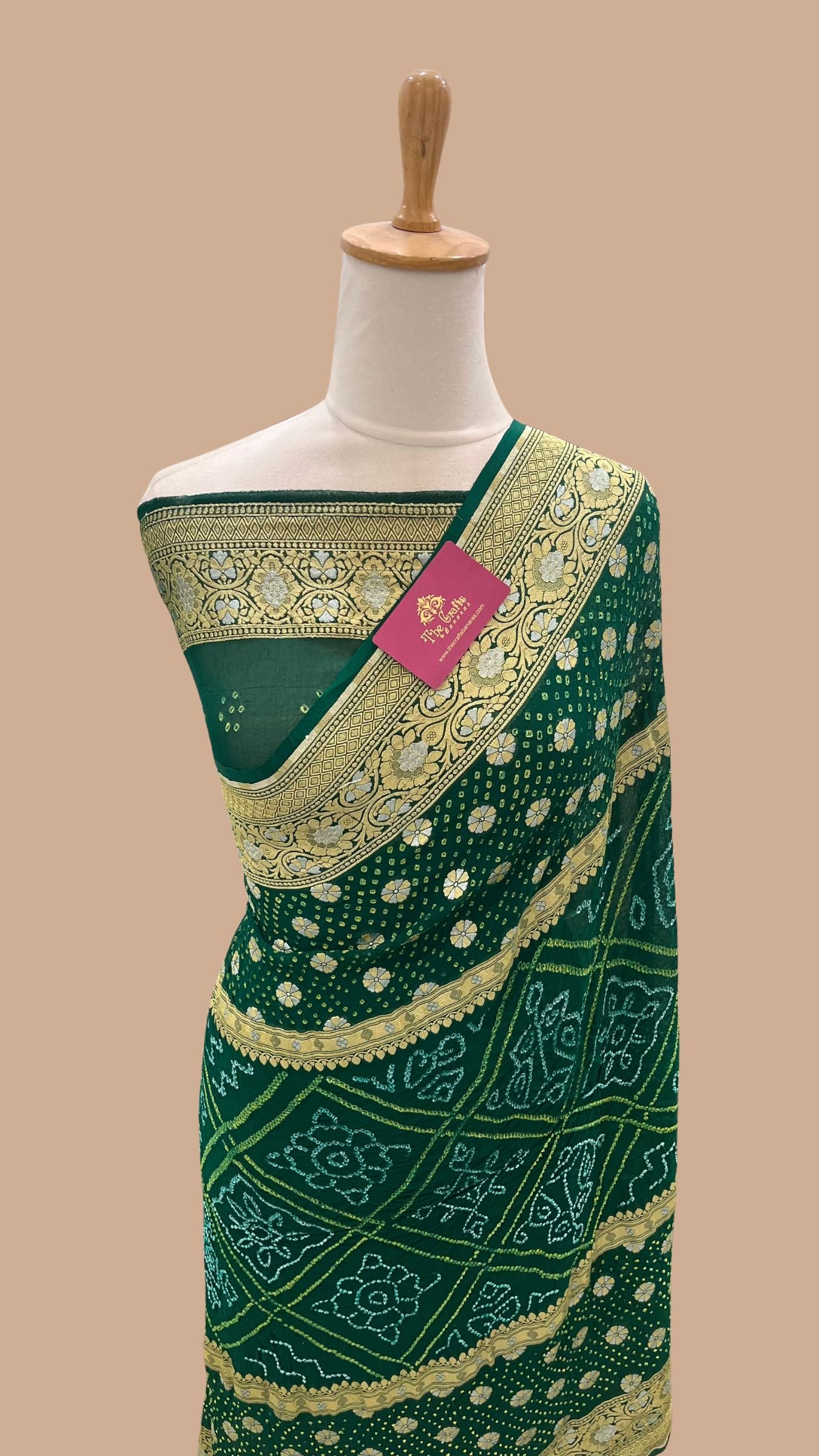 Pure Georgette Banarasi Handloom Bandhej Saree - All over Sona rupa Jaal work