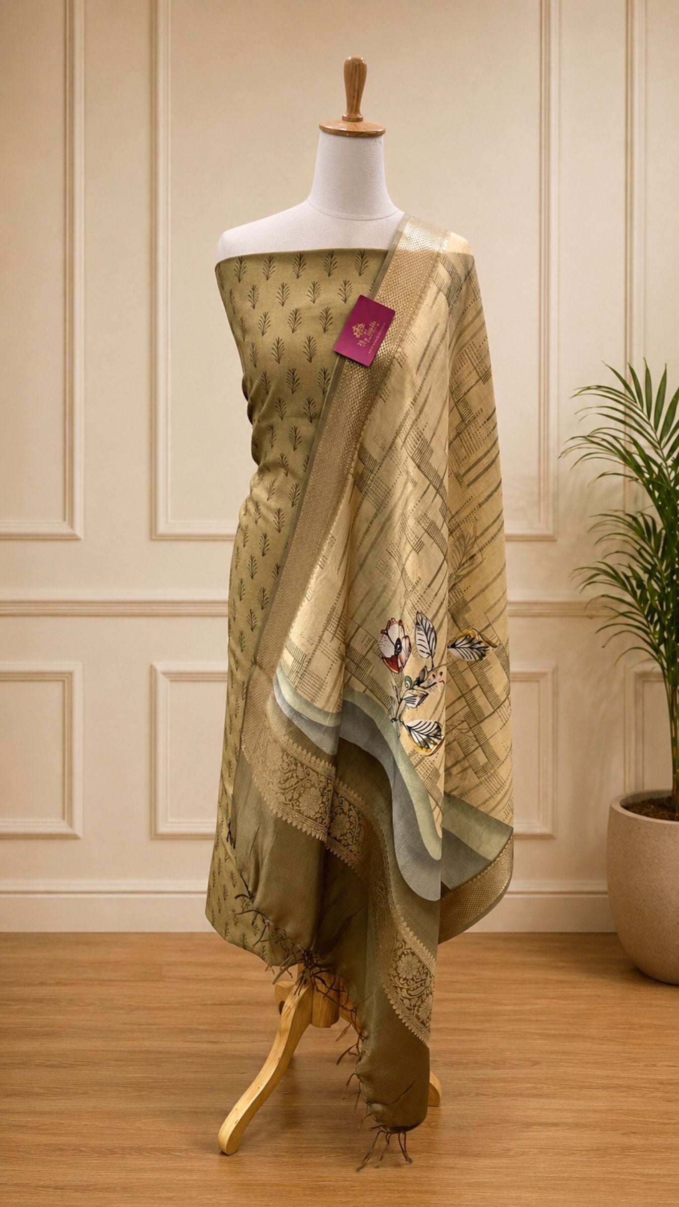 Pure Mango Silk Banarasi Dress Material - Digital Print All over