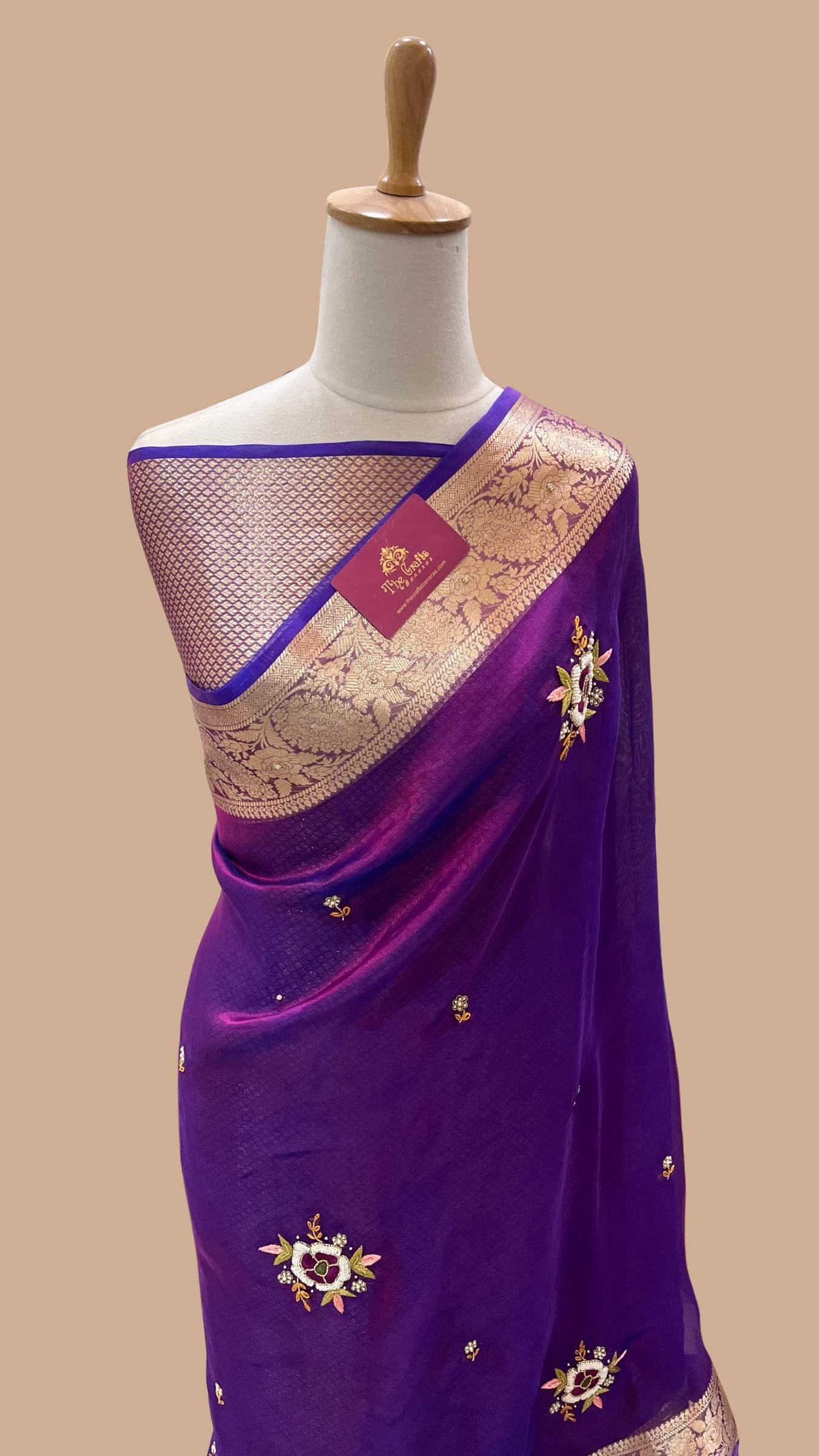 Pure Kora Tissue Silk Handloom Banarasi Saree - Handwork Zardozi Cut Dana and Stone Work