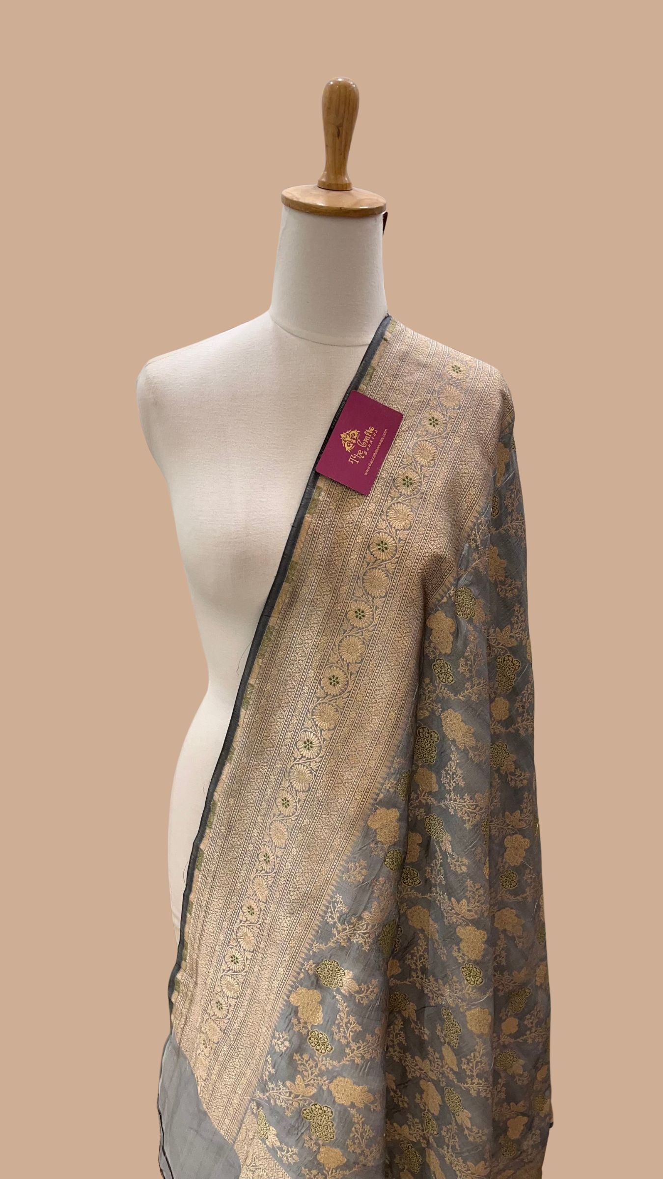 Pure Katan Silk Banarasi Handloom Dupatta - Jaal with  meenakari